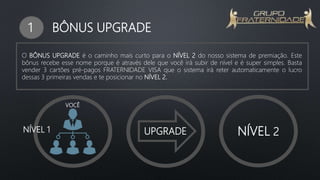 1 BÔNUS UPGRADE
O BÔNUS UPGRADE é o caminho mais curto para o NÍVEL 2 do nosso sistema de premiação. Este
bônus recebe esse nome porque é através dele que você irá subir de nível e é super simples. Basta
vender 3 cartões pré-pagos FRATERNIDADE VISA que o sistema irá reter automaticamente o lucro
dessas 3 primeiras vendas e te posicionar no NÍVEL 2.
UPGRADE NÍVEL 2
VOCÊ
NÍVEL 1
 