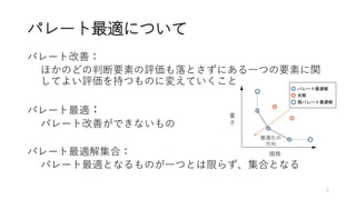 パレート最適について
パレート改善：
ほかのどの判断要素の評価も落とさずにある一つの要素に関
してよい評価を持つものに変えていくこと
パレート最適：
パレート改善ができないもの
パレート最適解集合：
パレート最適となるものが一つとは限らず、集合となる
最適化の
方向
価格
重
さ
4
 