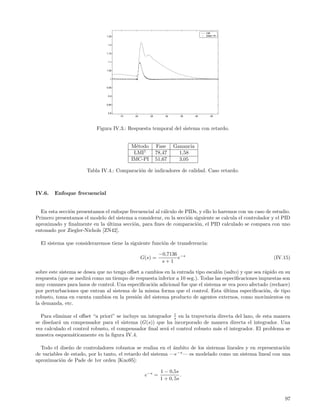 LMI
                               1.25                                               SIMC−PI


                                1.2


                               1.15


                                1.1


                               1.05


                                 1


                               0.95


                                0.9


                               0.85


                                0.8
                                      15    20      25       30      35      40      45




                           Figura IV.3.: Respuesta temporal del sistema con retardo.


                                           M´todo
                                             e           Fase     Ganancia
                                            LMI1         78,47      1,58
                                           IMC-PI        51,67      3,05

                      Tabla IV.4.: Comparaci´n de indicadores de calidad. Caso retardo.
                                            o



IV.6.   Enfoque frecuencial


  En esta secci´n presentamos el enfoque frecuencial al c´lculo de PIDs, y ello lo haremos con un caso de estudio.
               o                                         a
Primero presentamos el modelo del sistema a considerar, en la secci´n siguiente se calcula el controlador y el PID
                                                                    o
aproximado y ﬁnalmente en la ultima secci´n, para ﬁnes de comparaci´n, el PID calculado se compara con uno
                               ´           o                           o
entonado por Ziegler-Nichols [ZN42].

  El sistema que consideraremos tiene la siguiente funci´n de transferencia:
                                                        o

                                                          −0,7136 −s
                                                 G(s) =          e                                        (IV.15)
                                                           s+1

sobre este sistema se desea que no tenga oﬀset a cambios en la entrada tipo escal´n (salto) y que sea r´pido en su
                                                                                 o                     a
respuesta (que se medir´ como un tiempo de respuesta inferior a 10 seg.). Todas las especiﬁcaciones impuestas son
                        a
muy comunes para lazos de control. Una especiﬁcaci´n adicional fue que el sistema se vea poco afectado (rechace)
                                                    o
por perturbaciones que entran al sistema de la misma forma que el control. Esta ultima especiﬁcaci´n, de tipo
                                                                                    ´                  o
robusto, toma en cuenta cambios en la presi´n del sistema producto de agentes externos, como movimientos en
                                             o
la demanda, etc.

  Para eliminar el oﬀset “a priori” se incluye un integrador 1 en la trayectoria directa del lazo, de esta manera
                                                             s
se dise˜ar´ un compensador para el sistema (G(s)) que ha incorporado de manera directa el integrador. Una
       n a
vez calculado el control robusto, el compensador ﬁnal ser´ el control robusto m´s el integrador. El problema se
                                                          a                      a
muestra esquem´ticamente en la ﬁgura IV.4.
                a

  Todo el dise˜o de controladores robustos se realiza en el ´mbito de los sistemas lineales y en representaci´n
               n                                              a                                              o
de variables de estado, por lo tanto, el retardo del sistema —e−s — es modelado como un sistema lineal con una
aproximaci´n de Pade de 1er orden [Kuo95]:
           o

                                                           1 − 0,5s
                                                  e−s =              .
                                                           1 + 0, 5s


                                                                                                               97
 