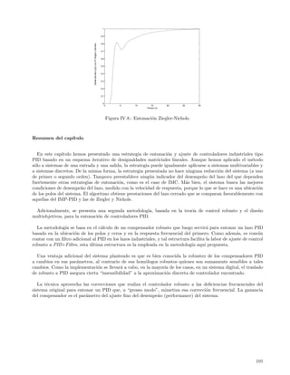 1


                                                                                  0.9


                                                                                  0.8




                                Salida del lazo (y(t)) con PI Ziegler y Nichols
                                                                                  0.7


                                                                                  0.6


                                                                                  0.5


                                                                                  0.4


                                                                                  0.3


                                                                                  0.2


                                                                                  0.1


                                                                                   0
                                                                                        0          5      10        15       20   25    30
                                                                                                                Tiempo (s)




                                                                                            Figura IV.8.: Entonaci´n Ziegler-Nichols.
                                                                                                                  o



Resumen del cap´
               ıtulo


   En este cap´ıtulo hemos presentado una estrategia de entonaci´n y ajuste de controladores industriales tipo
                                                                   o
PID basado en un esquema iterativo de desigualdades matriciales lineales. Aunque hemos aplicado el m´todo  e
s´lo a sistemas de una entrada y una salida, la estrategia puede igualmente aplicarse a sistemas multivariables y
 o
a sistemas discretos. De la misma forma, la estrategia presentada no hace ninguna reducci´n del sistema (a uno
                                                                                            o
de primer o segundo orden). Tampoco preestablece ning´n indicador del desempe˜o del lazo del que dependen
                                                          u                         n
fuertemente otras estrategias de entonaci´n, como es el caso de IMC. M´s bien, el sistema busca las mejores
                                           o                                a
condiciones de desempe˜o del lazo, medido con la velocidad de respuesta, porque lo que se hace es una ubicaci´n
                        n                                                                                     o
de los polos del sistema. El algoritmo obtiene prestaciones del lazo cerrado que se comparan favorablemente con
aquellas del IMP-PID y las de Ziegler y Nichols.

 Adicionalmente, se presenta una segunda metodolog´ basada en la teor´ de control robusto y el dise˜o
                                                       ıa,           ıa                            n
multiobjetivos, para la entonaci´n de controladores PID.
                                o

  La metodolog´ se basa en el c´lculo de un compensador robusto que luego servir´ para entonar un lazo PID
                ıa                a                                                        a
basado en la ubicaci´n de los polos y ceros y en la respuesta frecuencial del primero. Como adem´s, es com´n
                     o                                                                                   a          u
contar con un ﬁltro adicional al PID en los lazos industriales, y tal estructura facilita la labor de ajuste de control
robusto a PID+Filtro, esta ultima estructura es la empleada en la metodolog´ aqu´ propuesta.
                            ´                                                     ıa     ı

  Una ventaja adicional del sistema planteado es que es bien conocida la robustez de los compensadores PID
a cambios en sus par´metros, al contrario de sus hom´logos robustos quienes son sumamente sensibles a tales
                    a                                  o
cambios. Como la implementaci´n se llevar´ a cabo, en la mayor´ de los casos, en un sistema digital, el traslado
                               o           a                   ıa
de robusto a PID asegura cierta “insensibilidad” a la aproximaci´n discreta de controlador encontrado.
                                                                o

   La t´cnica aprovecha las correcciones que realiza el controlador robusto a las deﬁciencias frecuenciales del
       e
sistema original para entonar un PID que, a “grosso modo”, mimetiza esa correcci´n frecuencial. La ganancia
                                                                                   o
del compensador es el par´metro del ajuste ﬁno del desempe˜o (performance) del sistema.
                          a                                 n




                                                                                                                                             101
 