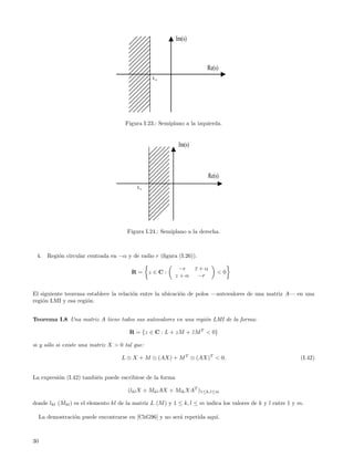Im(s)



                                                                       Re(s)
                                                 xo




                                      Figura I.23.: Semiplano a la izquierda.


                                                            Im(s)



                                                                       Re(s)
                                           xo




                                       Figura I.24.: Semiplano a la derecha.



 4.     Regi´n circular centrada en −α y de radio r (ﬁgura (I.26)).
            o

                                                            −r      z+α
                                                                    ¯
                                         R=     z∈C:                       <0
                                                           z+α       −r


El siguiente teorema establece la relaci´n entre la ubicaci´n de polos —autovalores de una matriz A— en una
                                        o                  o
regi´n LMI y esa regi´n.
    o                o


Teorema I.8 Una matriz A tiene todos sus autovalores en una regi´n LMI de la forma:
                                                                o

                                        R = {z ∈ C : L + zM + z M T < 0}
                                                              ¯

si y s´lo si existe una matriz X > 0 tal que:
      o

                                     L ⊗ X + M ⊗ (AX) + M T ⊗ (AX)T < 0.                                    (I.42)


La expresi´n (I.42) tambi´n puede escribirse de la forma
          o              e

                                       (lkl X + Mkl AX + Mlk XAT )1≤k,l≤m

donde lkl (Mkl ) es el elemento kl de la matriz L (M ) y 1 ≤ k, l ≤ m indica los valores de k y l entre 1 y m.

     La demostraci´n puede encontrarse en [ChG96] y no ser´ repetida aqu´
                  o                                       a             ı.



30
 