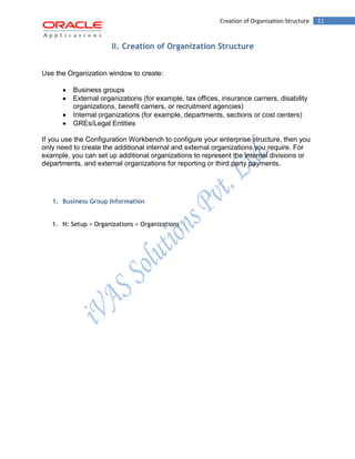 11Creation of Organization Structure
II. Creation of Organization Structure
Use the Organization window to create:
Business groups
External organizations (for example, tax offices, insurance carriers, disability
organizations, benefit carriers, or recruitment agencies)
Internal organizations (for example, departments, sections or cost centers)
GREs/Legal Entities
If you use the Configuration Workbench to configure your enterprise structure, then you
only need to create the additional internal and external organizations you require. For
example, you can set up additional organizations to represent the internal divisions or
departments, and external organizations for reporting or third party payments.
1. Business Group Information
1. N: Setup > Organizations > Organizations
 