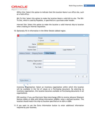 58Multi-Org Locations
Office Site: Select this option to indicate that this location Name is an office site, such
as a field office.
Bill-To Site: Select this option to make the location Name a valid bill-to site. The Bill-
To Site, which is used by Payables, is specified on a purchase order header.
Internal Site: Select this option to make the location a valid internal ship-to location
when creating an internal requisition.
10. Optionally fill in information in the Other Details tabbed region.
Inventory Organization: Select an inventory organization within which this location
will be available in the list of values on a Purchasing document. By selecting no
inventory organization, this location becomes available on Purchasing documents in all
organizations.
EDI Location: If you use Electronic Data Interchange (EDI) to receive Advance Shipment
Notices (ASNs) or ASNs with billing information (ASBNs), enter a defined location. This
location should match the ship-to location specified on an ASN or ASBN.
11. If you want to use the Extra Information button to enter additional information
required by your business.
 