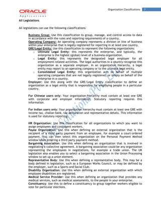 7Organization Classifications
All Legislations
All legislations can use the following classifications:
Business Group: Use this classification to group, manage, and control access to data
in accordance with the rules and reporting requirements of a country.
Operating Company: An operating company represents a division or line of business
within your enterprise that is legally registered for reporting in at least one country.
GRE/Legal Entity: Use this classification to represent the following organizations:
o Ultimate Legal Entity: this represents the enterprise, and typically, the
enterprise is the highest (global) level of a business organization.
o Legal Entity: this represents the designated legal employer for all
employment-related activities. The legal authorities in a country recognize this
organization as a separate employer. In an organization hierarchy, a legal
entity may report to an operating company or to the ultimate legal entity.
o Consolidated Legal Entity: this organization acts on behalf of multiple
operating companies that are not legally registered, or simply on behalf of the
enterprise in a country.
Employer: Use this along with the GRE/Legal Entity classification to define an
organization as a legal entity that is responsible for employing people in a particular
country.
For Chinese users only: Your organization hierarchy must contain at least one GRE
with corporate and employer information. Statutory reporting requires this
information.
For Indian users only: Your organization hierarchy must contain at least one GRE with
income tax, challan bank, tax declaration and representative details. This information
is used for statutory reporting.
HR Organization: Use this classification for all organizations to which you want to
assign employees and contingent workers.
Payee Organization: Use this when defining an external organization that is the
recipient of a third party payment from an employee, for example a court-ordered
payment. You can then select this organization on the Personal Payment Method
window when entering a third party payment method.
Bargaining Association: Use this when defining an organization that is involved in
negotiating a collective agreement. A bargaining association could be any organization
representing the employees in negotiations, for example a trade union. The UK
legislation also enables you to select a bargaining association in the Union Processing
window to set up a union element.
Representative Body: Use this when defining a representative body. This may be a
body defined in legislation, such as a European Works Council, or may be defined by
the employer, such as a Sports and Social Club.
Disability Organization: Use this when defining an external organization with which
employee disabilities are registered.
Medical Service Provider: Use this when defining an organization that provides any
medical services, such as medical assessments, to the people in your enterprise.
Constituency: Use this to define a constituency to group together workers eligible to
vote for particular elections.
 