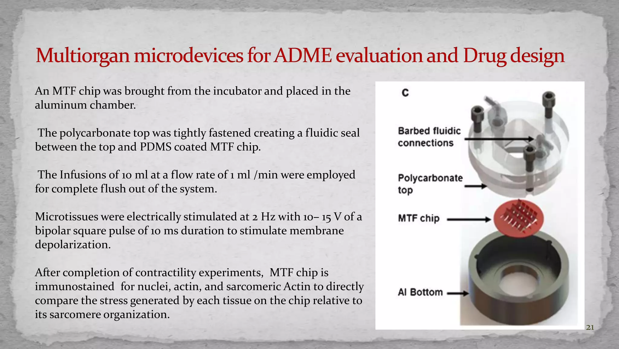 21 
An MTF chip was brought from the incubator and placed in the 
aluminum chamber. 
The polycarbonate top was tightly fastened creating a fluidic seal 
between the top and PDMS coated MTF chip. 
The Infusions of 10 ml at a flow rate of 1 ml /min were employed 
for complete flush out of the system. 
Microtissues were electrically stimulated at 2 Hz with 10– 15 V of a 
bipolar square pulse of 10 ms duration to stimulate membrane 
depolarization. 
After completion of contractility experiments, MTF chip is 
immunostained for nuclei, actin, and sarcomeric Actin to directly 
compare the stress generated by each tissue on the chip relative to 
its sarcomere organization. 
 