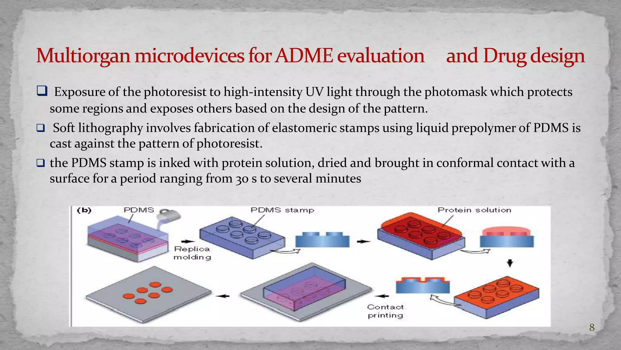 8 
 Exposure of the photoresist to high-intensity UV light through the photomask which protects 
some regions and exposes others based on the design of the pattern. 
 Soft lithography involves fabrication of elastomeric stamps using liquid prepolymer of PDMS is 
cast against the pattern of photoresist. 
 the PDMS stamp is inked with protein solution, dried and brought in conformal contact with a 
surface for a period ranging from 30 s to several minutes 
 