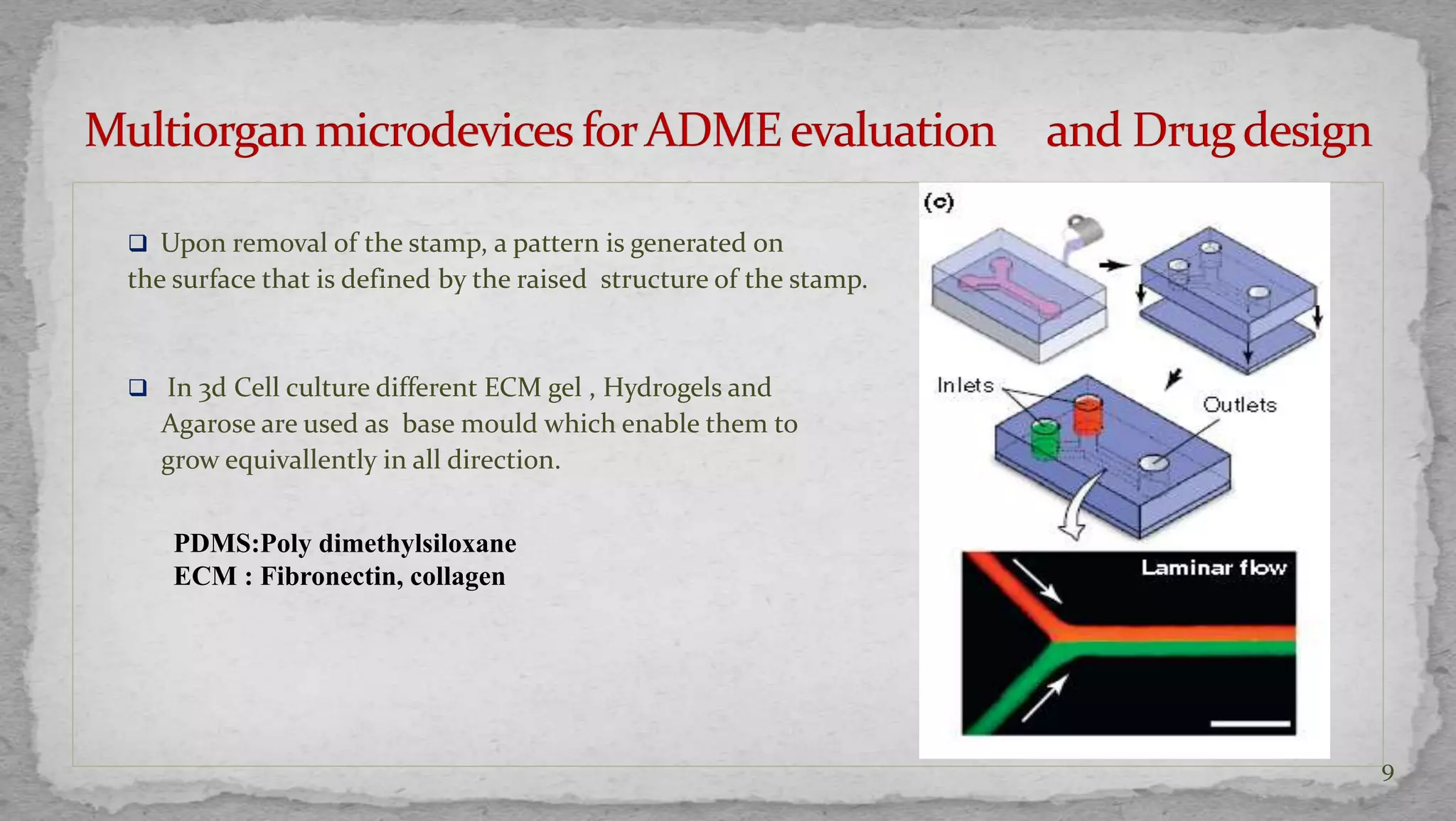 9 
 Upon removal of the stamp, a pattern is generated on 
the surface that is defined by the raised structure of the stamp. 
 In 3d Cell culture different ECM gel , Hydrogels and 
Agarose are used as base mould which enable them to 
grow equivallently in all direction. 
PDMS:Poly dimethylsiloxane 
ECM : Fibronectin, collagen 
 
