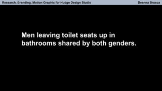 Research, Branding, Motion Graphic for Nudge Design Studio Deanna Brusca
Men leaving toilet seats up in
bathrooms shared by both genders.
 