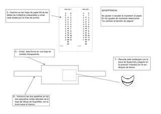 5.- Imprimir en las hojas de papel A4 de las
tablas de multiplicar preparadas y cortar
cada tarjeta por la línea de puntos.
6.- Cortar ésta forma en una hoja de
acetato transparente.
ADVERTENCIA:
No ajustar ni escalar la impresión al papel.
En los ajustes de impresión seleccionar:
"no cambiar el tamaño de página"
7.- Recortar éste rectángulo con la
boca de Supermat y pegarlo en
la posición indicada por el rec-
tángulo de trazos.
8.- Introducir las dos pestañas en los
dos pequeños cortes laterales de la
hoja del dibujo de SuperMat, con la
boca hacia el interior.
 