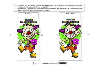 tABLAS
DE MULTIPLICAR
9.- Introducir la ficha de la tabla de multiplicar que desea aprender. Tirar de la pestaña de la izquierda para cubrir los
resultados de los productos con la boca de PayaMat.
Prueba primero a responder solo y luego tirando de la pestaña hacia la de la derecha, a ver si has respondido bien.
¡Juega y aprende las tablas de multiplicar con PayaMat!
TABLA DEL 2 TABLA DEL 2
focaclipart.net23.net
focaclipart.wordpress.comactiludis.com
tABLAS
DE MULTIPLICAR
2 1 2 1
2
 