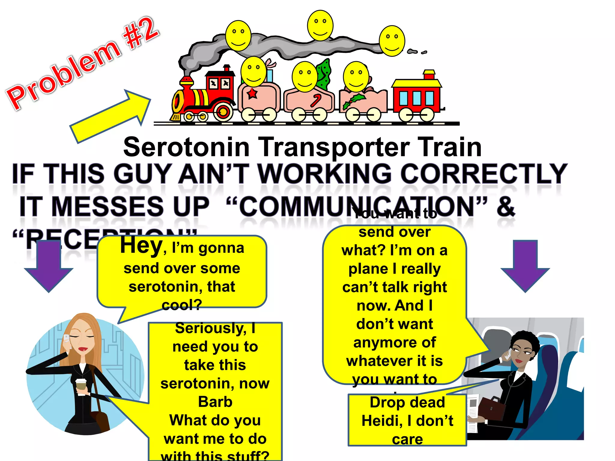 Serotonin Transporter Train
Hey, I’m gonna
send over some
serotonin, that
cool?
You want to
send over
what? I’m on a
plane I really
can’t talk right
now. And I
don’t want
anymore of
whatever it is
you want to
send me.
Seriously, I
need you to
take this
serotonin, now
Barb
What do you
want me to do
Drop dead
Heidi, I don’t
care
 