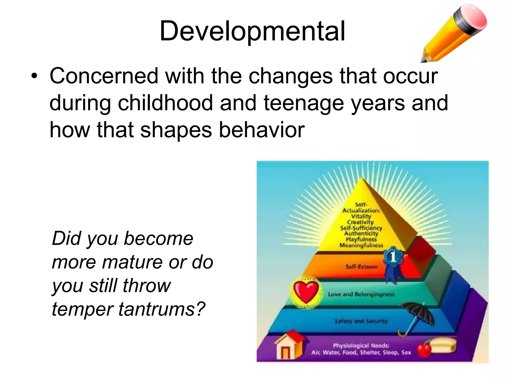 Behavioral
• An individual’s experience with rewards
and punishments cause a person’s
development of behavior patterns
Every time they try to succeed something
happens and they fail…they learn they
cannot win and become depressed
 