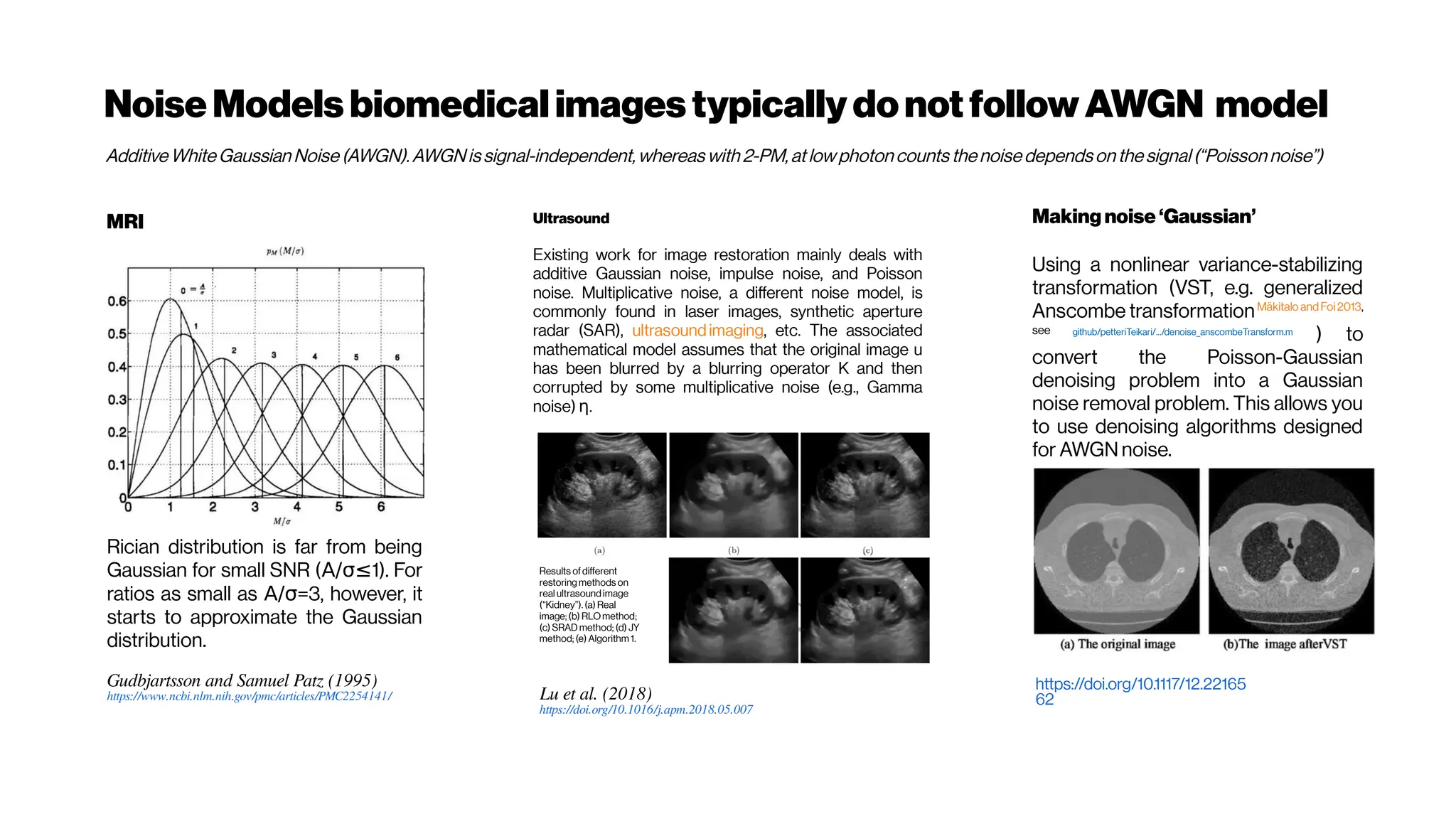 NoiseModels biomedical images typicallydonotfollow AWGN model
Rician distribution is far from being
Gaussian for small SNR (A/σ≤1). For
ratios as small as A/σ=3, however, it
starts to approximate the Gaussian
distribution.
Gudbjartsson and Samuel Patz (1995)
https://www.ncbi.nlm.nih.gov/pmc/articles/PMC2254141/
MRI
Additive WhiteGaussian Noise (AWGN).AWGN issignal-independent,whereas with 2-PM,atlowphotoncounts thenoise dependsonthesignal(“Poisson noise”)
Making noise ‘Gaussian’
Using a nonlinear variance-stabilizing
transformation (VST, e.g. generalized
Anscombe transformationMäkitalo andFoi2013,
see github/petteriTeikari/.../denoise_anscombeTransform.m
) to
convert the Poisson-Gaussian
denoising problem into a Gaussian
noise removal problem. This allows you
to use denoising algorithms designed
for AWGN noise.
https://doi.org/10.1117/12.22165
62
Ultrasound
Existing work for image restoration mainly deals with
additive Gaussian noise, impulse noise, and Poisson
noise. Multiplicative noise, a different noise model, is
commonly found in laser images, synthetic aperture
radar (SAR), ultrasoundimaging, etc. The associated
mathematical model assumes that the original image u
has been blurred by a blurring operator K and then
corrupted by some multiplicative noise (e.g., Gamma
noise) .
η
Results ofdifferent
restoring methods on
real ultrasoundimage
(“Kidney”).(a) Real
image; (b) RLOmethod;
(c) SRAD method; (d) JY
method; (e) Algorithm 1.
Lu et al. (2018)
https://doi.org/10.1016/j.apm.2018.05.007
 
