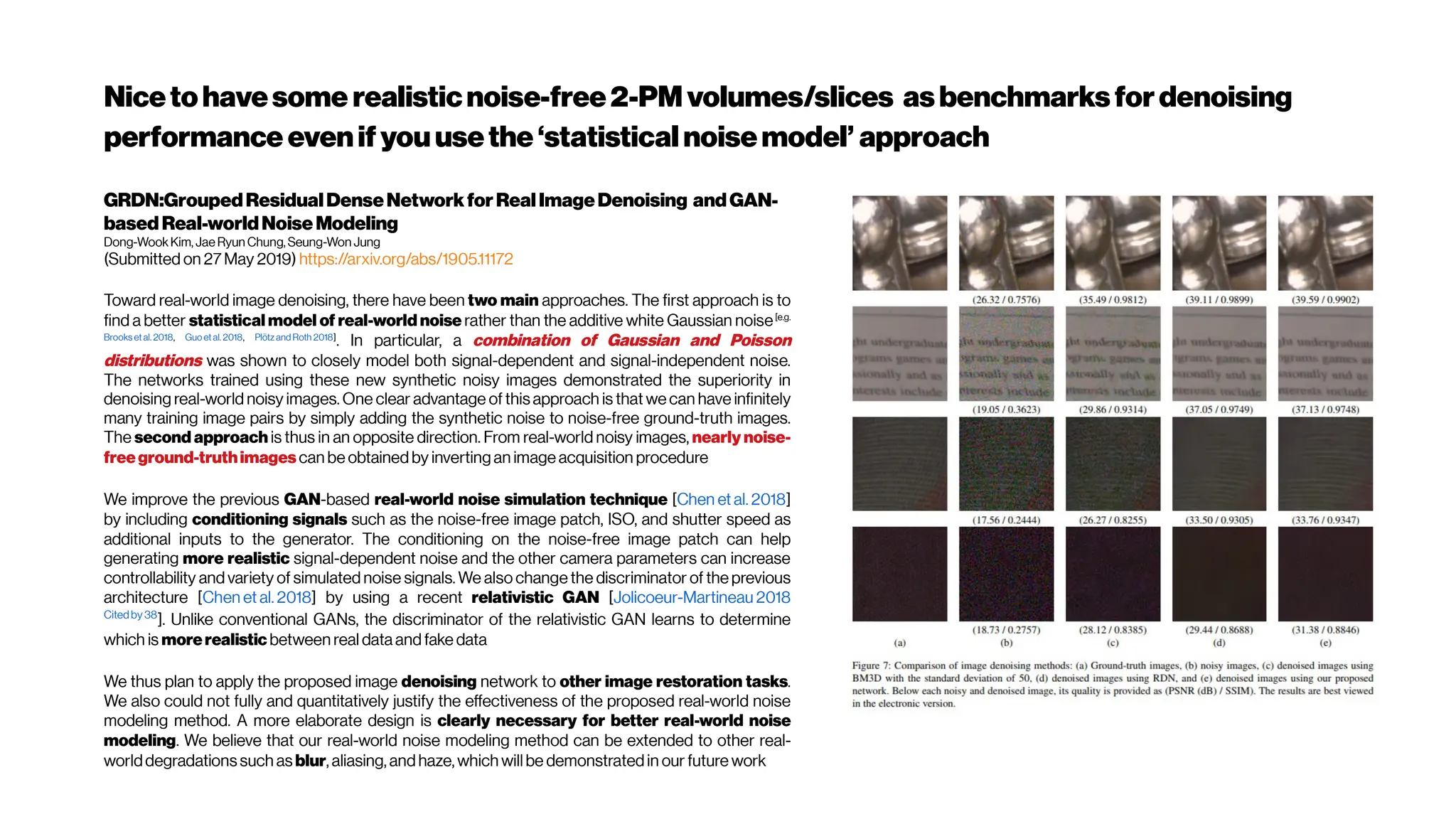 Nicetohavesome realisticnoise-free2-PMvolumes/slices asbenchmarksfordenoising
performance evenifyouusethe‘statisticalnoisemodel’ approach
GRDN:GroupedResidualDenseNetworkforRealImageDenoising andGAN-
based Real-worldNoiseModeling
Dong-WookKim, Jae Ryun Chung, Seung-Won Jung
(Submitted on 27 May 2019) https://arxiv.org/abs/1905.11172
Toward real-world image denoising, there have been two main approaches. The first approach is to
find a better statistical model of real-world noise rather than the additive white Gaussian noise[e.g.
Brooks et al. 2018, Guo et al. 2018, Plötzand Roth 2018]
. In particular, a combination of Gaussian and Poisson
distributions was shown to closely model both signal-dependent and signal-independent noise.
The networks trained using these new synthetic noisy images demonstrated the superiority in
denoising real-world noisy images. One clear advantage of this approach is that we can have infinitely
many training image pairs by simply adding the synthetic noise to noise-free ground-truth images.
The second approach is thus in an opposite direction. From real-world noisy images, nearly noise-
freeground-truthimagescan be obtained by inverting an image acquisition procedure
We improve the previous GAN-based real-world noise simulation technique [Chen et al. 2018]
by including conditioning signals such as the noise-free image patch, ISO, and shutter speed as
additional inputs to the generator. The conditioning on the noise-free image patch can help
generating more realistic signal-dependent noise and the other camera parameters can increase
controllability and variety of simulated noise signals. We also change the discriminator of the previous
architecture [Chen et al. 2018] by using a recent relativistic GAN [Jolicoeur-Martineau 2018
Cited by 38
]. Unlike conventional GANs, the discriminator of the relativistic GAN learns to determine
which is morerealistic between real data and fake data
We thus plan to apply the proposed image denoising network to other image restoration tasks.
We also could not fully and quantitatively justify the effectiveness of the proposed real-world noise
modeling method. A more elaborate design is clearly necessary for better real-world noise
modeling. We believe that our real-world noise modeling method can be extended to other real-
worlddegradations such as blur, aliasing, and haze, which will be demonstratedin our future work
 