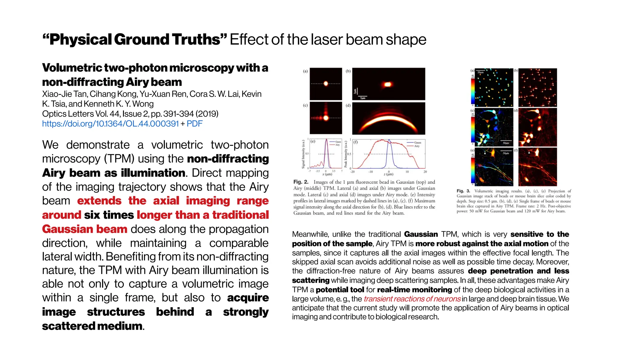 “Physical GroundTruths” Effect of the laser beam shape
Volumetric two-photon microscopy with a
non-diffracting Airy beam
Xiao-Jie Tan, Cihang Kong, Yu-Xuan Ren, Cora S. W. Lai, Kevin
K. Tsia, and Kenneth K. Y. Wong
Optics Letters Vol. 44, Issue 2, pp. 391-394 (2019)
https://doi.org/10.1364/OL.44.000391 + PDF
We demonstrate a volumetric two-photon
microscopy (TPM) using the non-diffracting
Airy beam as illumination. Direct mapping
of the imaging trajectory shows that the Airy
beam extends the axial imaging range
around six times longer than a traditional
Gaussian beam does along the propagation
direction, while maintaining a comparable
lateral width. Benefiting from its non-diffracting
nature, the TPM with Airy beam illumination is
able not only to capture a volumetric image
within a single frame, but also to acquire
image structures behind a strongly
scatteredmedium.
Meanwhile, unlike the traditional Gaussian TPM, which is very sensitive to the
position of the sample, Airy TPM is more robust against the axial motion of the
samples, since it captures all the axial images within the effective focal length. The
skipped axial scan avoids additional noise as well as possible time decay. Moreover,
the diffraction-free nature of Airy beams assures deep penetration and less
scattering while imaging deep scattering samples. In all, these advantages make Airy
TPM a potential tool for real-time monitoring of the deep biological activities in a
large volume, e. g., the transient reactions of neurons in large and deep brain tissue. We
anticipate that the current study will promote the application of Airy beams in optical
imaging and contribute to biologicalresearch.
 