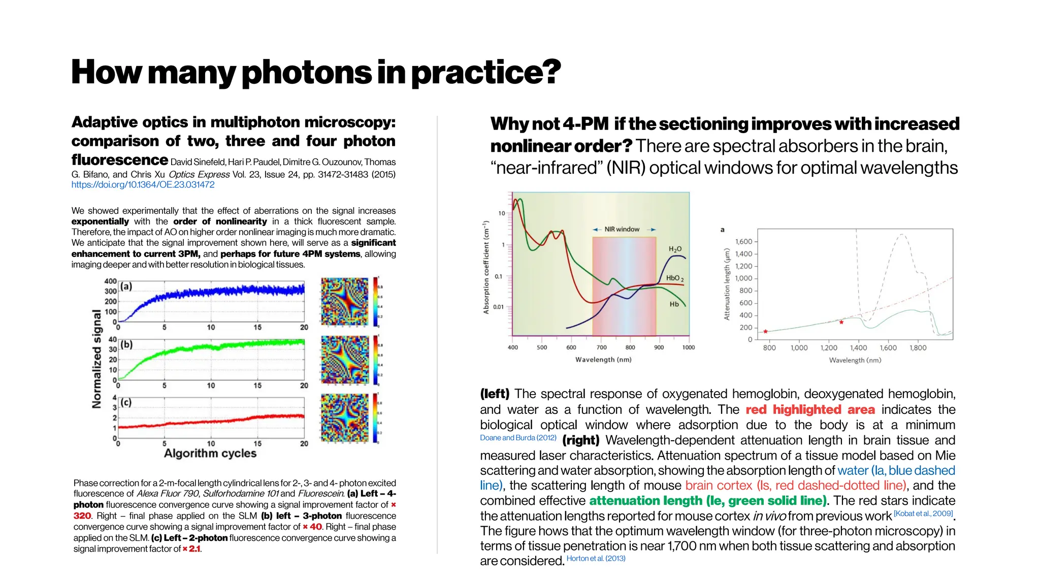 Howmanyphotonsinpractice?
Adaptive optics in multiphoton microscopy:
comparison of two, three and four photon
fluorescenceDavid Sinefeld, Hari P. Paudel, Dimitre G. Ouzounov, Thomas
G. Bifano, and Chris Xu Optics Express Vol. 23, Issue 24, pp. 31472-31483 (2015)
https://doi.org/10.1364/OE.23.031472
We showed experimentally that the effect of aberrations on the signal increases
exponentially with the order of nonlinearity in a thick fluorescent sample.
Therefore, the impact of AO on higher order nonlinear imaging is much more dramatic.
We anticipate that the signal improvement shown here, will serve as a significant
enhancement to current 3PM, and perhaps for future 4PM systems, allowing
imagingdeeper and with betterresolution in biologicaltissues.
Phase correction for a 2-m-focallength cylindricallensfor 2-, 3- and 4- photon excited
fluorescence of Alexa Fluor 790, Sulforhodamine 101 and Fluorescein. (a) Left – 4-
photon fluorescence convergence curve showing a signal improvement factor of ×
320. Right – final phase applied on the SLM (b) left – 3-photon fluorescence
convergence curve showing a signal improvement factor of × 40. Right – final phase
applied on the SLM. (c) Left – 2-photon fluorescence convergence curve showing a
signalimprovement factor of×2.1.
(left) The spectral response of oxygenated hemoglobin, deoxygenated hemoglobin,
and water as a function of wavelength. The red highlighted area indicates the
biological optical window where adsorption due to the body is at a minimum
Doane and Burda(2012)
(right) Wavelength-dependent attenuation length in brain tissue and
measured laser characteristics. Attenuation spectrum of a tissue model based on Mie
scattering and water absorption, showing the absorption length of water(la, blue dashed
line), the scattering length of mouse brain cortex (ls, red dashed-dotted line), and the
combined effective attenuation length (le, green solid line). The red stars indicate
the attenuation lengths reported for mouse cortex in vivo from previous work[Kobat et al., 2009]
.
The figure hows that the optimum wavelength window (for three-photon microscopy) in
terms of tissue penetration is near 1,700 nm when both tissue scattering and absorption
areconsidered. Horton et al. (2013)
Why not4-PM ifthesectioningimproveswithincreased
nonlinearorder?There are spectral absorbers in the brain,
“near-infrared” (NIR) optical windows for optimal wavelengths
 