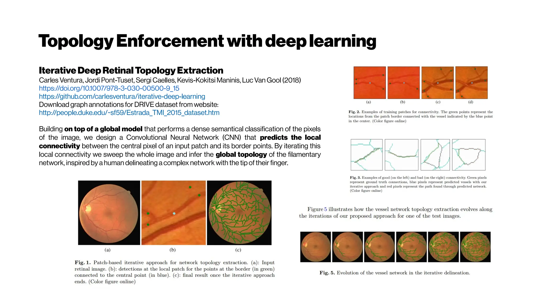 TopologyEnforcement with deeplearning
IterativeDeepRetinalTopology Extraction
Carles Ventura, Jordi Pont-Tuset, Sergi Caelles, Kevis-Kokitsi Maninis, Luc Van Gool (2018)
https://doi.org/10.1007/978-3-030-00500-9_15
https://github.com/carlesventura/iterative-deep-learning
Download graph annotations for DRIVEdataset from website:
http://people.duke.edu/~sf59/Estrada_TMI_2015_dataset.htm
Building on top of a global model that performs a dense semantical classification of the pixels
of the image, we design a Convolutional Neural Network (CNN) that predicts the local
connectivity between the central pixel of an input patch and its border points. By iterating this
local connectivity we sweep the whole image and infer the global topology of the filamentary
network, inspired by a human delineating acomplex network with the tip of their finger.
 