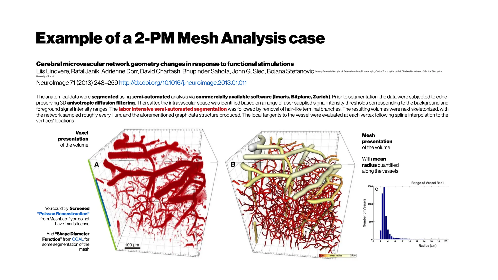 Exampleofa 2-PMMeshAnalysiscase
Cerebralmicrovascularnetworkgeometrychangesinresponsetofunctionalstimulations
Liis Lindvere, Rafal Janik,Adrienne Dorr,DavidChartash, BhupinderSahota,John G. Sled, BojanaStefanovic Imaging Research, Sunnybrook Research Institute; MouseImaging Centre, The Hospital for Sick Children; Departmentof Medical Biophysics,
University of Toronto
NeuroImage71 (2013) 248–259 http://dx.doi.org/10.1016/j.neuroimage.2013.01.011
The anatomical data were segmented using semi-automated analysis via commercially available software (Imaris, Bitplane, Zurich). Prior to segmentation, the data were subjected to edge-
preserving 3D anisotropic diffusion filtering. Thereafter, the intravascular space was identified based on a range of user supplied signal intensity thresholds corresponding to the background and
foreground signal intensity ranges. The labor intensive semi-automated segmentation was followed by removal of hair-like terminal branches. The resulting volumes were next skeletonized, with
the network sampled roughly every 1 μm, and the aforementioned graph data structure produced. The local tangents to the vessel were evaluated at each vertex following spline interpolation to the
vertices' locations
Voxel
presentation
of the volume
Mesh
presentation
of the volume
With mean
radius quantified
along the vessels
You couldtry Screened
“Poisson Reconstruction”
fromMeshLab ifyou do not
have Imaris license
And“ShapeDiameter
Function”from CGAL for
some segmentation ofthe
mesh
 