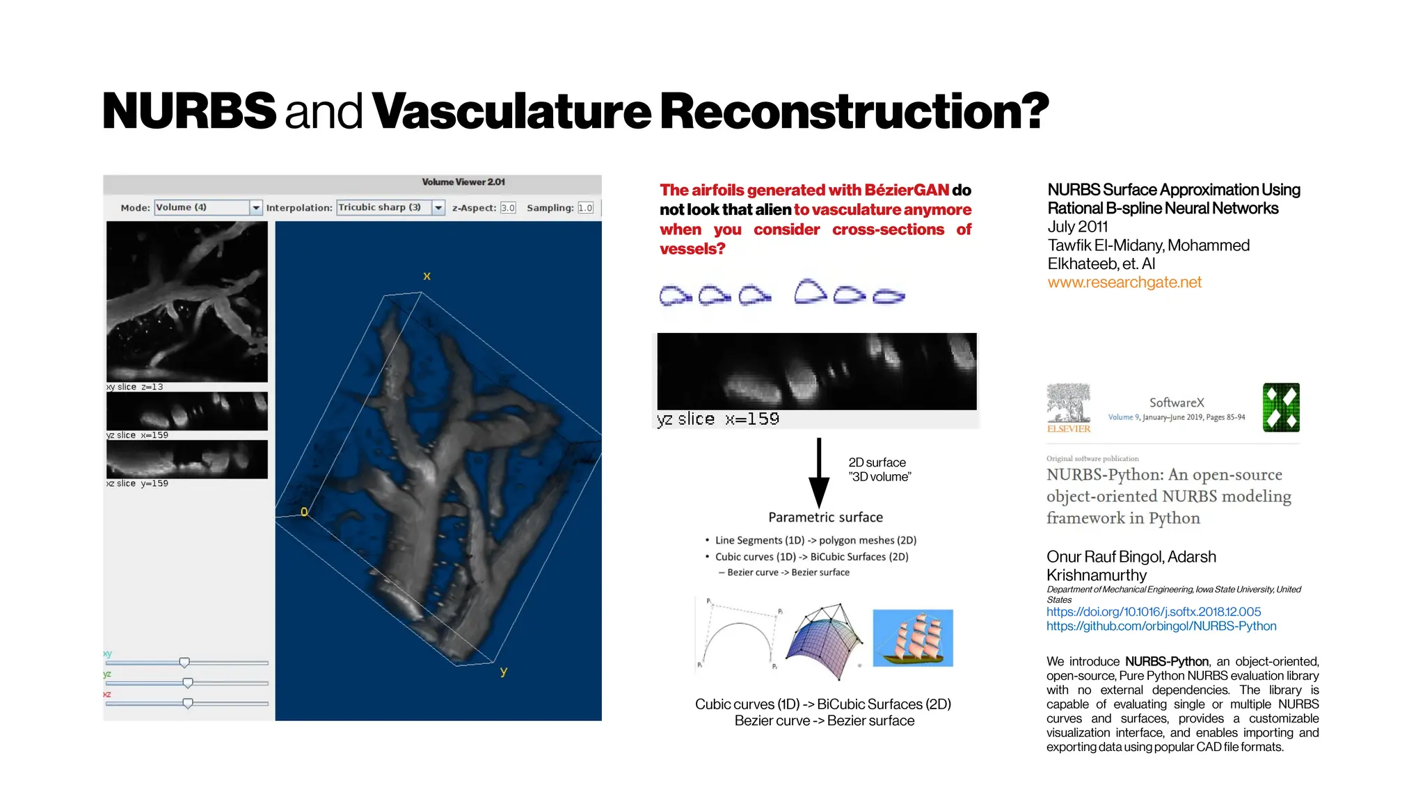 NURBS andVasculatureReconstruction?
The airfoils generated with BézierGAN do
not lookthat alientovasculatureanymore
when you consider cross-sections of
vessels?
Cubic curves (1D) -> BiCubic Surfaces (2D)
Bezier curve -> Bezier surface
NURBS Surface Approximation Using
Rational B-spline Neural Networks
July 2011
Tawfik El-Midany, Mohammed
Elkhateeb, et. Al
www.researchgate.net
Onur Rauf Bingol, Adarsh
Krishnamurthy
Department ofMechanical Engineering, Iowa State University, United
States
https://doi.org/10.1016/j.softx.2018.12.005
https://github.com/orbingol/NURBS-Python
We introduce NURBS-Python, an object-oriented,
open-source, Pure Python NURBS evaluation library
with no external dependencies. The library is
capable of evaluating single or multiple NURBS
curves and surfaces, provides a customizable
visualization interface, and enables importing and
exportingdata usingpopular CADfile formats.
2D surface
”3D volume”
 