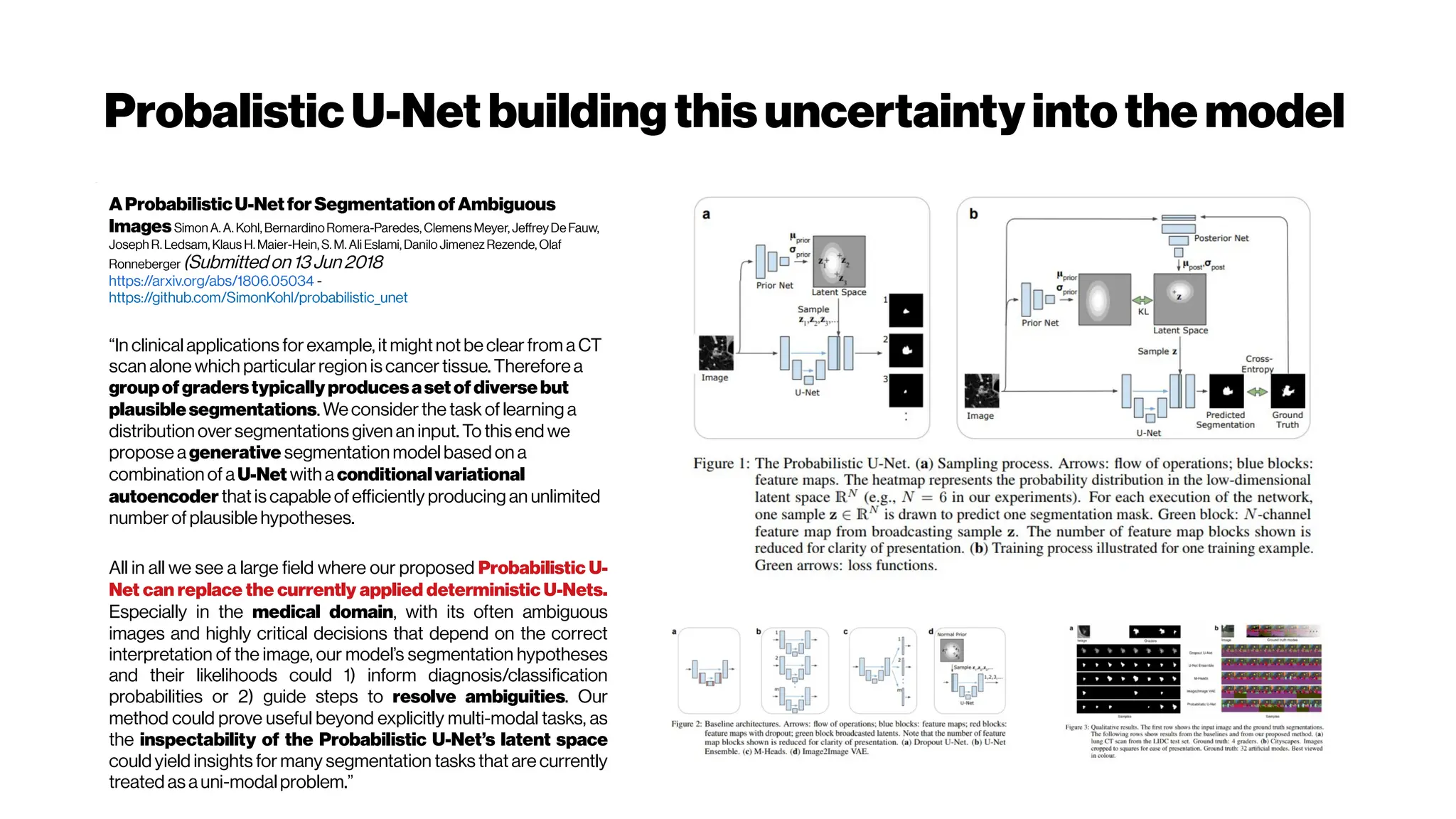 ProbalisticU-Net buildingthisuncertaintyintothemodel
AProbabilisticU-NetforSegmentationofAmbiguous
ImagesSimon A. A. Kohl, BernardinoRomera-Paredes, ClemensMeyer, JeffreyDe Fauw,
Joseph R. Ledsam, Klaus H. Maier-Hein, S. M. Ali Eslami, Danilo JimenezRezende, Olaf
Ronneberger (Submitted on13Jun2018
https://arxiv.org/abs/1806.05034 -
https://github.com/SimonKohl/probabilistic_unet
“In clinical applications forexample, it mightnot beclearfrom aCT
scan alone which particularregion is cancertissue. Thereforea
groupofgraderstypicallyproducesasetofdiversebut
plausiblesegmentations. Weconsiderthe task oflearning a
distribution oversegmentations given an input. To this end we
propose agenerative segmentation modelbased on a
combination of aU-Net with a conditionalvariational
autoencoder thatis capable ofefficiently producing an unlimited
numberofplausible hypotheses.
All in all we see a large field where our proposed Probabilistic U-
Net can replace the currently applied deterministic U-Nets.
Especially in the medical domain, with its often ambiguous
images and highly critical decisions that depend on the correct
interpretation of the image, our model’s segmentation hypotheses
and their likelihoods could 1) inform diagnosis/classification
probabilities or 2) guide steps to resolve ambiguities. Our
method could prove useful beyond explicitly multi-modal tasks, as
the inspectability of the Probabilistic U-Net’s latent space
could yield insights for many segmentation tasks that are currently
treated as auni-modalproblem.”
 