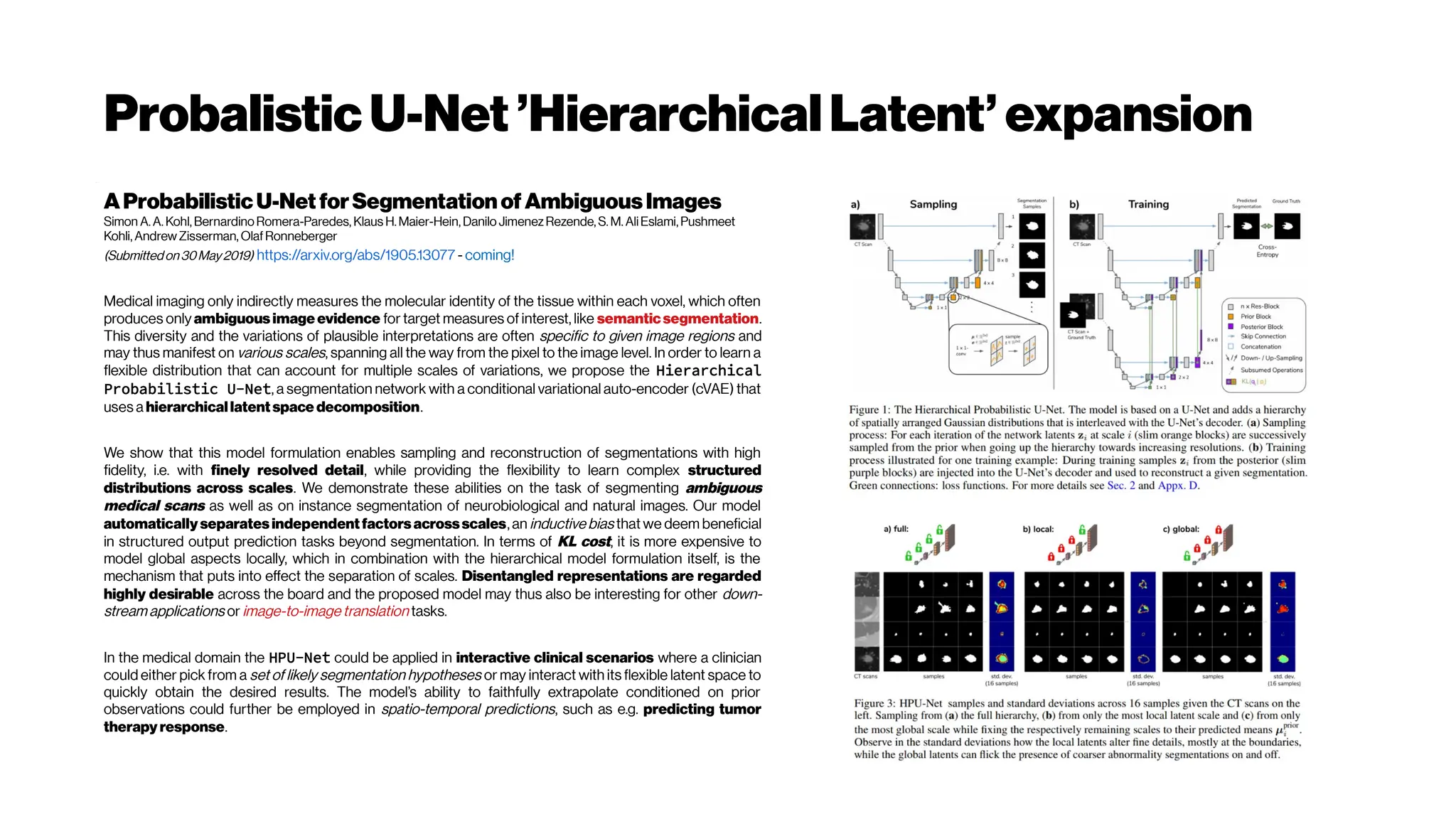 ProbalisticU-Net ’HierarchicalLatent’expansion
AProbabilisticU-Net forSegmentationof AmbiguousImages
Simon A. A. Kohl, BernardinoRomera-Paredes, Klaus H. Maier-Hein, Danilo JimenezRezende, S. M. AliEslami, Pushmeet
Kohli, Andrew Zisserman, OlafRonneberger
(Submittedon 30May2019) https://arxiv.org/abs/1905.13077 - coming!
Medical imaging only indirectly measures the molecular identity of the tissue within each voxel, which often
produces only ambiguous image evidence for target measures of interest, like semantic segmentation.
This diversity and the variations of plausible interpretations are often specific to given image regions and
may thus manifest on various scales, spanning all the way from the pixel to the image level. In order to learn a
flexible distribution that can account for multiple scales of variations, we propose the Hierarchical
Probabilistic U-Net, a segmentation network with a conditional variational auto-encoder (cVAE) that
uses a hierarchicallatent space decomposition.
We show that this model formulation enables sampling and reconstruction of segmentations with high
fidelity, i.e. with finely resolved detail, while providing the flexibility to learn complex structured
distributions across scales. We demonstrate these abilities on the task of segmenting ambiguous
medical scans as well as on instance segmentation of neurobiological and natural images. Our model
automatically separatesindependent factorsacrossscales, an inductive bias that we deem beneficial
in structured output prediction tasks beyond segmentation. In terms of KL cost, it is more expensive to
model global aspects locally, which in combination with the hierarchical model formulation itself, is the
mechanism that puts into effect the separation of scales. Disentangled representations are regarded
highly desirable across the board and the proposed model may thus also be interesting for other down-
stream applications or image-to-image translation tasks.
In the medical domain the HPU-Net could be applied in interactive clinical scenarios where a clinician
could either pick from a set of likely segmentation hypotheses or may interact with its flexible latent space to
quickly obtain the desired results. The model’s ability to faithfully extrapolate conditioned on prior
observations could further be employed in spatio-temporal predictions, such as e.g. predicting tumor
therapy response.
 