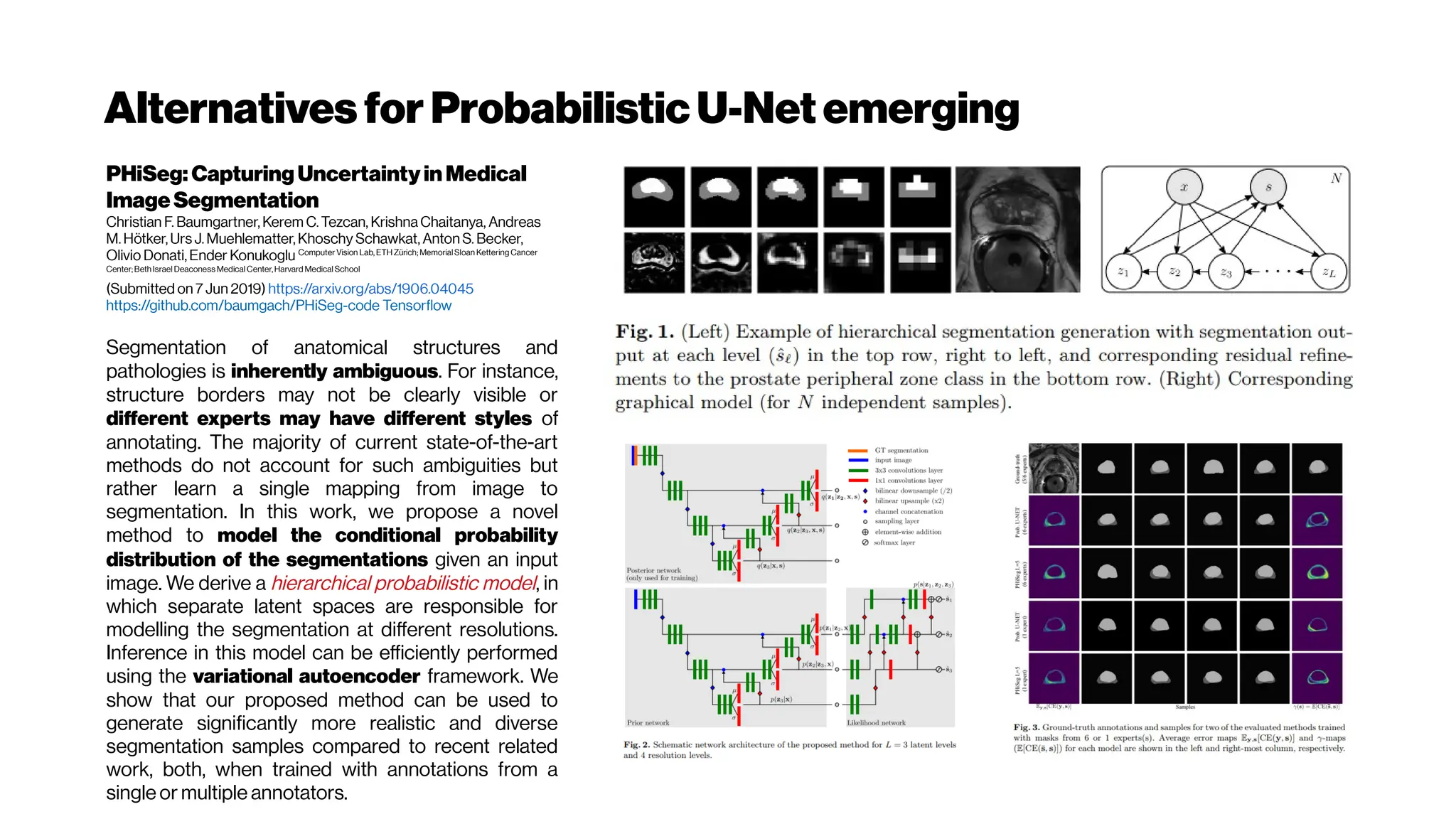 Alternatives for Probabilistic U-Net emerging
PHiSeg: CapturingUncertaintyinMedical
ImageSegmentation
Christian F. Baumgartner, Kerem C. Tezcan, Krishna Chaitanya, Andreas
M. Hötker, Urs J. Muehlematter, Khoschy Schawkat, Anton S. Becker,
Olivio Donati, Ender Konukoglu Computer Vision Lab, ETH Zürich; Memorial Sloan Kettering Cancer
Center;Beth Israel Deaconess Medical Center,Harvard Medical School
(Submitted on 7 Jun 2019) https://arxiv.org/abs/1906.04045
https://github.com/baumgach/PHiSeg-code Tensorflow
Segmentation of anatomical structures and
pathologies is inherently ambiguous. For instance,
structure borders may not be clearly visible or
different experts may have different styles of
annotating. The majority of current state-of-the-art
methods do not account for such ambiguities but
rather learn a single mapping from image to
segmentation. In this work, we propose a novel
method to model the conditional probability
distribution of the segmentations given an input
image. We derive a hierarchical probabilistic model, in
which separate latent spaces are responsible for
modelling the segmentation at different resolutions.
Inference in this model can be efficiently performed
using the variational autoencoder framework. We
show that our proposed method can be used to
generate significantly more realistic and diverse
segmentation samples compared to recent related
work, both, when trained with annotations from a
single or multiple annotators.
 