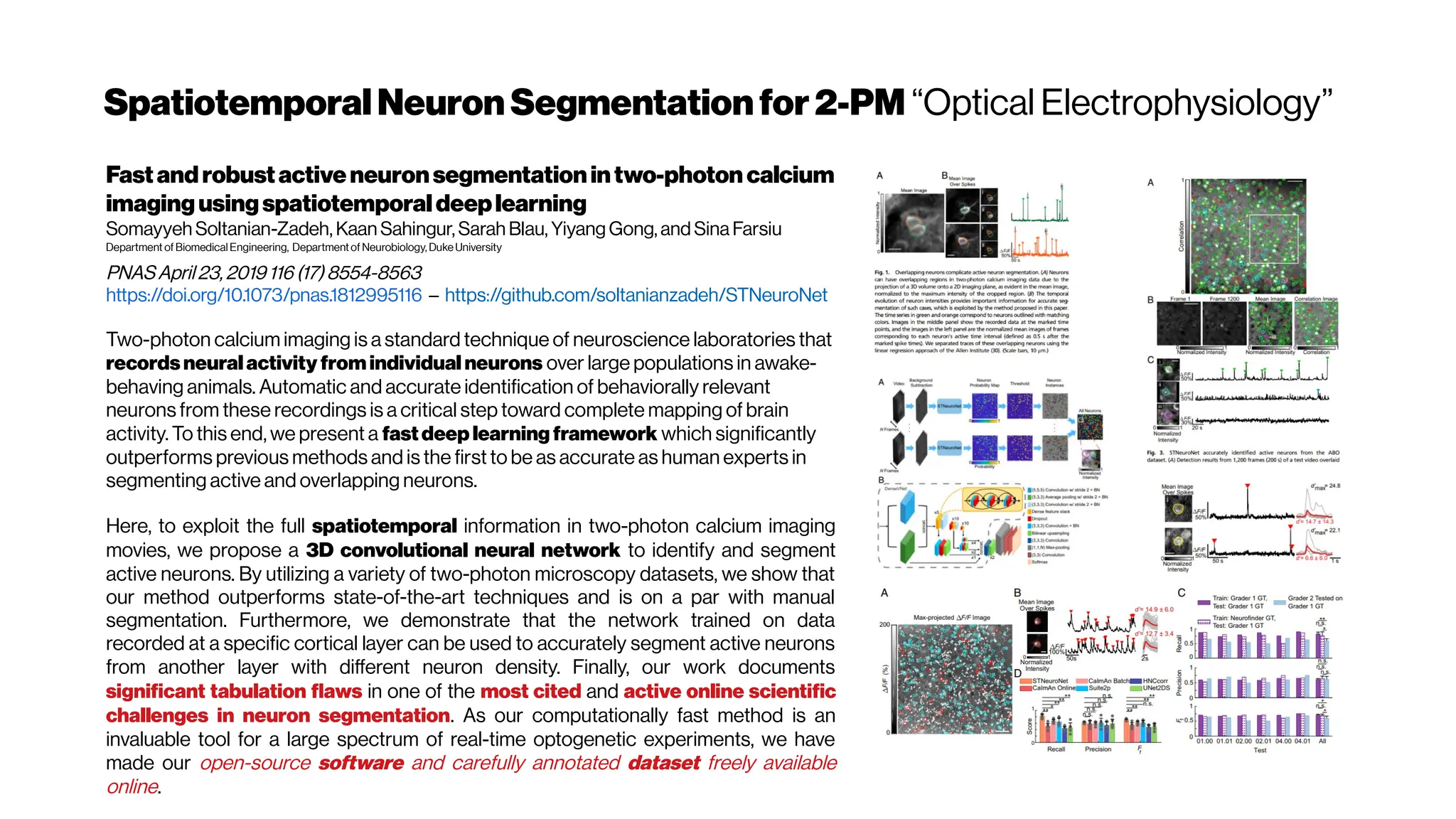 Spatiotemporal Neuron Segmentationfor2-PM “Optical Electrophysiology”
Fastandrobustactiveneuronsegmentationintwo-photon calcium
imagingusingspatiotemporaldeeplearning
Somayyeh Soltanian-Zadeh, Kaan Sahingur, Sarah Blau, Yiyang Gong, and Sina Farsiu
Department of BiomedicalEngineering, Department of Neurobiology, Duke University
PNASApril23, 2019 116 (17)8554-8563
https://doi.org/10.1073/pnas.1812995116 – https://github.com/soltanianzadeh/STNeuroNet
Two-photon calcium imaging is a standard technique of neuroscience laboratories that
recordsneuralactivity fromindividual neurons over large populations in awake-
behaving animals. Automatic and accurate identification of behaviorally relevant
neurons from these recordings is a critical step toward complete mapping of brain
activity. To this end, we present a fastdeep learning framework which significantly
outperforms previous methods and is the first to be as accurate as human experts in
segmenting active and overlapping neurons.
Here, to exploit the full spatiotemporal information in two-photon calcium imaging
movies, we propose a 3D convolutional neural network to identify and segment
active neurons. By utilizing a variety of two-photon microscopy datasets, we show that
our method outperforms state-of-the-art techniques and is on a par with manual
segmentation. Furthermore, we demonstrate that the network trained on data
recorded at a specific cortical layer can be used to accurately segment active neurons
from another layer with different neuron density. Finally, our work documents
significant tabulation flaws in one of the most cited and active online scientific
challenges in neuron segmentation. As our computationally fast method is an
invaluable tool for a large spectrum of real-time optogenetic experiments, we have
made our open-source software and carefully annotated dataset freely available
online.
 