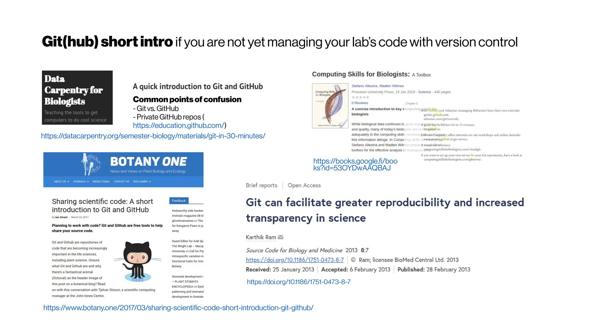 Git(hub) shortintro if you are not yet managing your lab’s code with version control
https://datacarpentry.org/semester-biology/materials/git-in-30-minutes/
Common points of confusion
- Git vs. GitHub
- PrivateGitHub repos (
https://education.github.com/)
https://books.google.fi/boo
ks?id=53OYDwAAQBAJ
https://doi.org/10.1186/1751-0473-8-7
https://www.botany.one/2017/03/sharing-scientific-code-short-introduction-git-github/
 