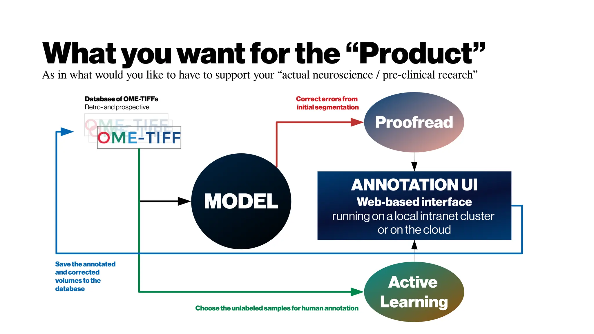 Whatyou wantforthe “Product”
MODEL
Databaseof OME-TIFFs
Retro- and prospective
Proofread
Active
Learning
ANNOTATIONUI
Web-basedinterface
running on a local intranet cluster
or on the cloud
Choosetheunlabeled samplesfor humanannotation
Correct errorsfrom
initialsegmentation
Savetheannotated
andcorrected
volumestothe
database
As in what would you like to have to support your “actual neuroscience / pre-clinical reearch”
 