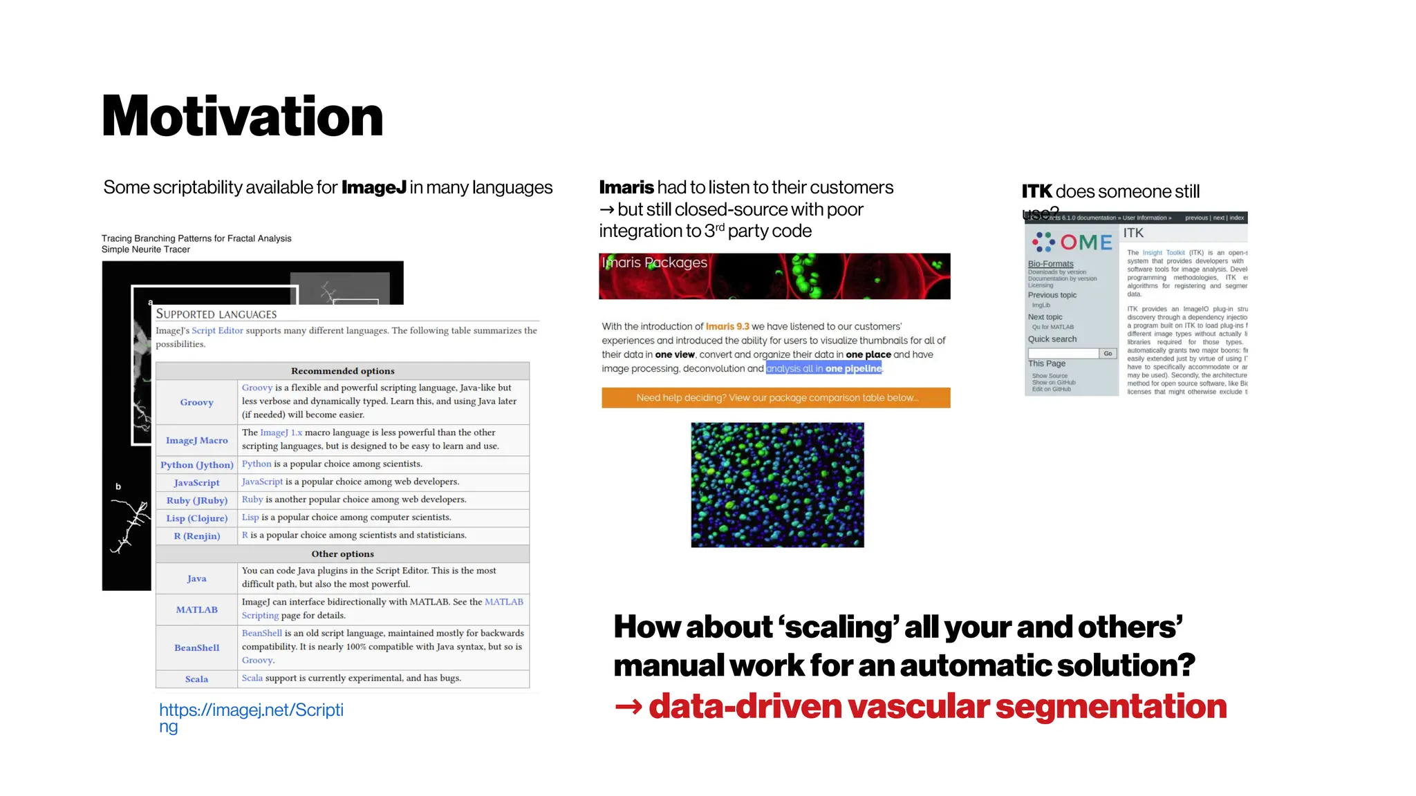 Motivation
Some scriptability available for ImageJ in many languages
https://imagej.net/Scripti
ng
Imaris had to listen to their customers
but still closed-source with poor
→
integration to 3rd
party code
ITK does someone still
use?
Howabout‘scaling’allyourandothers’
manualworkforanautomaticsolution?
→ data-driven vascularsegmentation
 