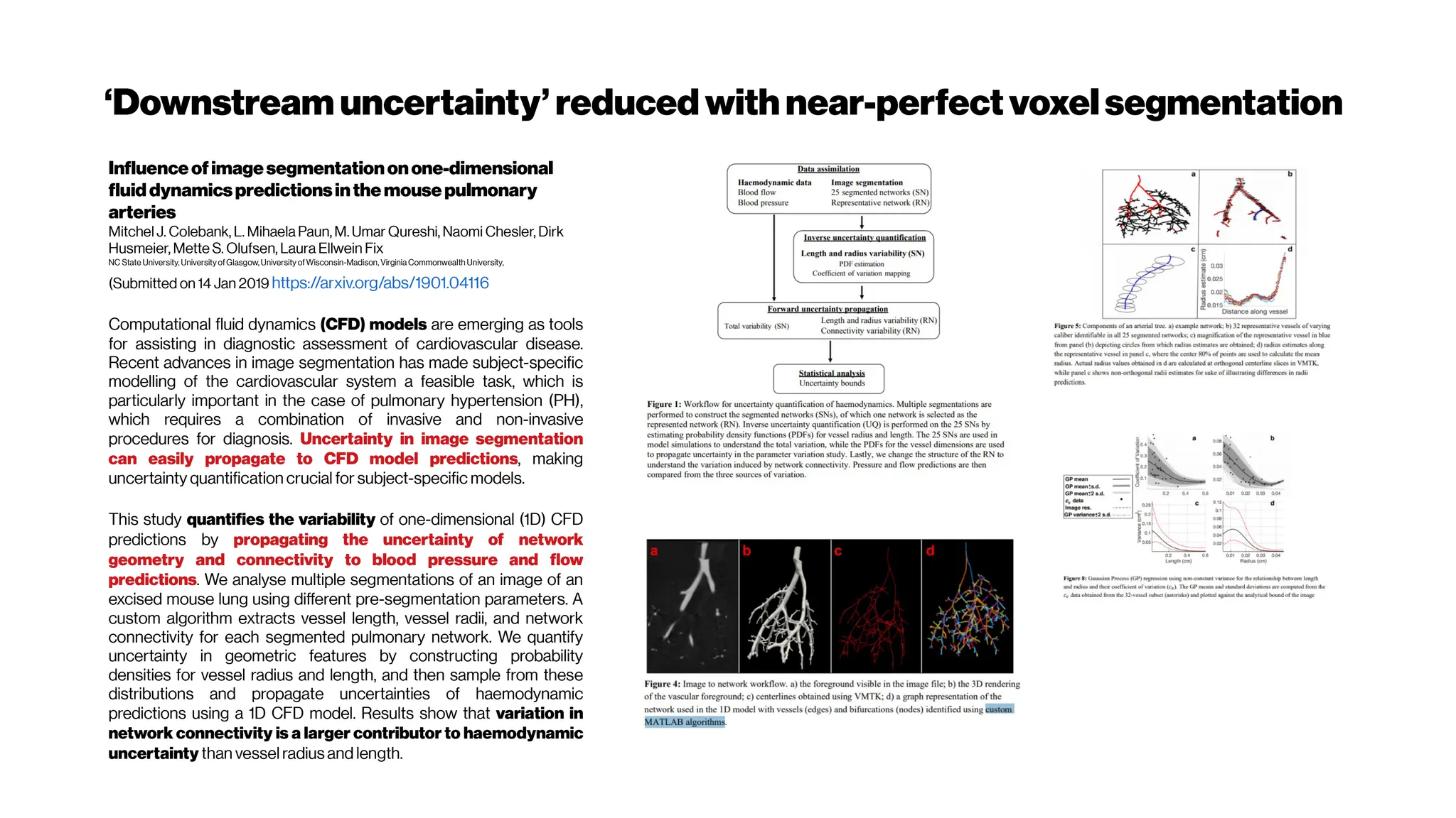 ‘Downstream uncertainty’ reduced with near-perfectvoxelsegmentation
Influenceofimagesegmentationonone-dimensional
fluiddynamicspredictionsinthemousepulmonary
arteries
Mitchel J. Colebank, L. Mihaela Paun, M. Umar Qureshi, Naomi Chesler, Dirk
Husmeier, Mette S. Olufsen, Laura Ellwein Fix
NC State University, UniversityofGlasgow, University of Wisconsin-Madison, Virginia Commonwealth University,
(Submitted on 14 Jan 2019 https://arxiv.org/abs/1901.04116
Computational fluid dynamics (CFD) models are emerging as tools
for assisting in diagnostic assessment of cardiovascular disease.
Recent advances in image segmentation has made subject-specific
modelling of the cardiovascular system a feasible task, which is
particularly important in the case of pulmonary hypertension (PH),
which requires a combination of invasive and non-invasive
procedures for diagnosis. Uncertainty in image segmentation
can easily propagate to CFD model predictions, making
uncertainty quantification crucial for subject-specific models.
This study quantifies the variability of one-dimensional (1D) CFD
predictions by propagating the uncertainty of network
geometry and connectivity to blood pressure and flow
predictions. We analyse multiple segmentations of an image of an
excised mouse lung using different pre-segmentation parameters. A
custom algorithm extracts vessel length, vessel radii, and network
connectivity for each segmented pulmonary network. We quantify
uncertainty in geometric features by constructing probability
densities for vessel radius and length, and then sample from these
distributions and propagate uncertainties of haemodynamic
predictions using a 1D CFD model. Results show that variation in
network connectivity is a larger contributor to haemodynamic
uncertainty than vessel radius and length.
 