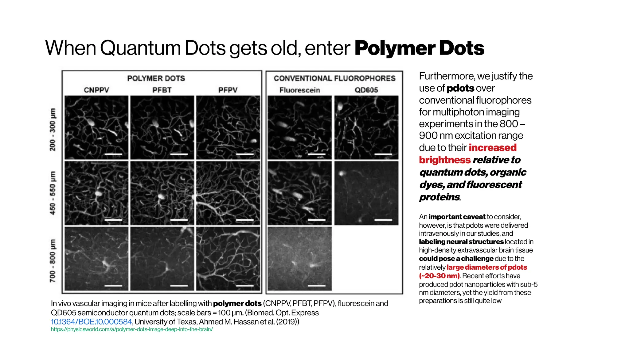 When Quantum Dots gets old, enter PolymerDots
In vivo vascularimaging in miceafterlabellingwith polymerdots(CNPPV, PFBT, PFPV), fluorescein and
QD605 semiconductorquantum dots; scalebars =100µm. (Biomed.Opt.Express
10.1364/BOE.10.000584, Universityof Texas, Ahmed M.Hassan etal. (2019))
https://physicsworld.com/a/polymer-dots-image-deep-into-the-brain/
Furthermore, we justify the
use of pdotsover
conventional fluorophores
for multiphoton imaging
experiments inthe 800 –
900 nm excitationrange
due to their increased
brightness relativeto
quantumdots,organic
dyes,andfluorescent
proteins.
An important caveat toconsider,
however, is that pdots were delivered
intravenously in our studies, and
labelingneuralstructureslocatedin
high-density extravascular brain tissue
couldposeachallenge due to the
relativelylargediametersofpdots
(~20-30nm). Recent efforts have
producedpdot nanoparticles with sub-5
nm diameters, yet the yield from these
preparations is still quite low
 