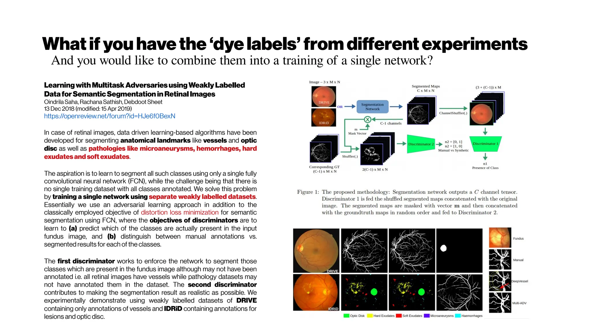 Whatif youhavethe ‘dyelabels’ from differentexperiments
And you would like to combine them into a training of a single network?
LearningwithMultitaskAdversariesusingWeaklyLabelled
DataforSemanticSegmentationinRetinalImages
Oindrila Saha, Rachana Sathish, Debdoot Sheet
13 Dec 2018 (modified: 15 Apr 2019)
https://openreview.net/forum?id=HJe6f0BexN
In case of retinal images, data driven learning-based algorithms have been
developed for segmenting anatomical landmarks like vessels and optic
disc as well as pathologies like microaneurysms, hemorrhages, hard
exudatesand soft exudates.
The aspiration is to learn to segment all such classes using only a single fully
convolutional neural network (FCN), while the challenge being that there is
no single training dataset with all classes annotated. We solve this problem
by training a single network using separate weakly labelled datasets.
Essentially we use an adversarial learning approach in addition to the
classically employed objective of distortion loss minimization for semantic
segmentation using FCN, where the objectives of discriminators are to
learn to (a) predict which of the classes are actually present in the input
fundus image, and (b) distinguish between manual annotations vs.
segmentedresults for each of the classes.
The first discriminator works to enforce the network to segment those
classes which are present in the fundus image although may not have been
annotated i.e. all retinal images have vessels while pathology datasets may
not have annotated them in the dataset. The second discriminator
contributes to making the segmentation result as realistic as possible. We
experimentally demonstrate using weakly labelled datasets of DRIVE
containing only annotations of vessels and IDRiD containing annotations for
lesions and optic disc.
 