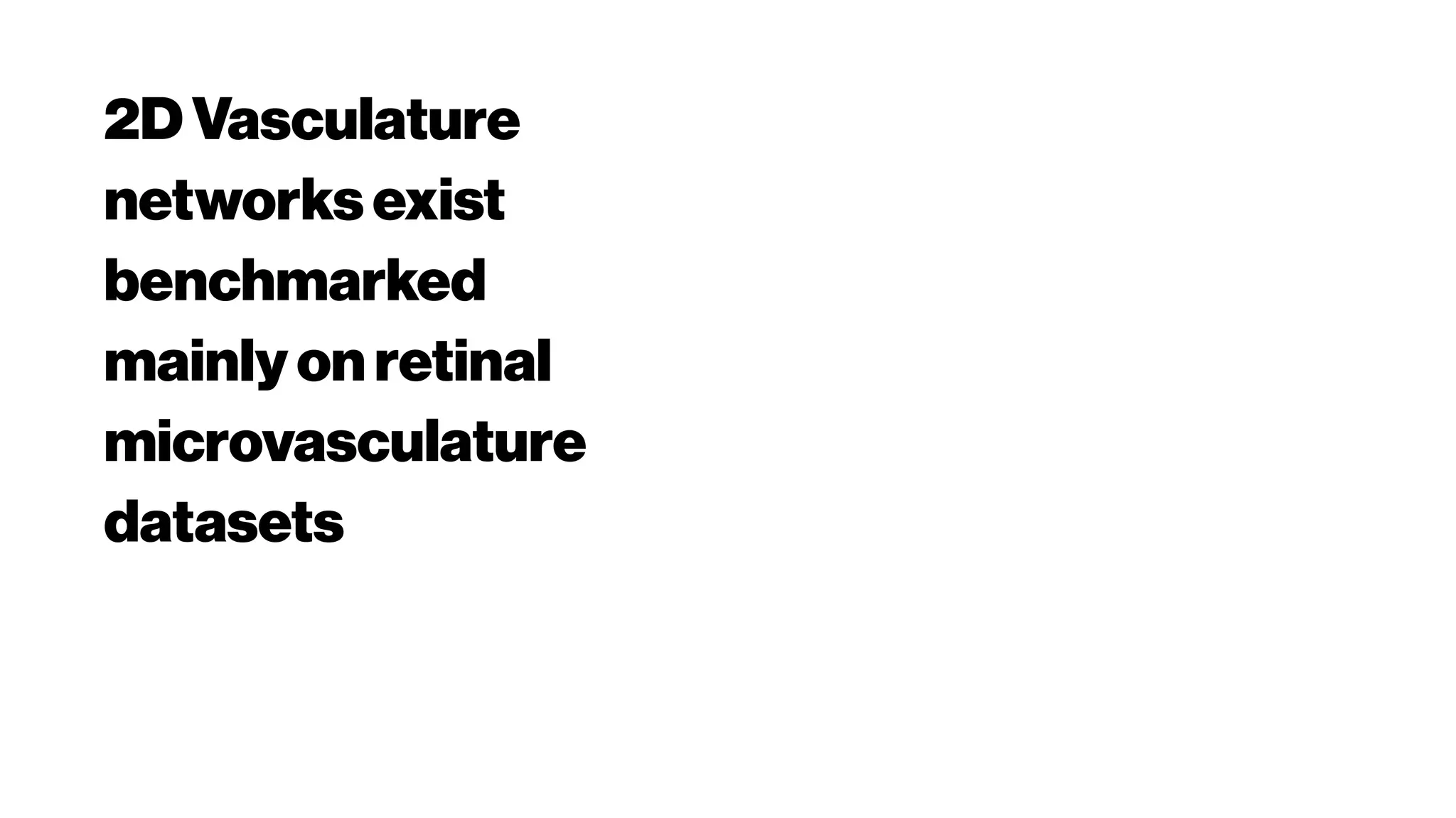 2D Vasculature
networksexist
benchmarked
mainlyon retinal
microvasculature
datasets
 