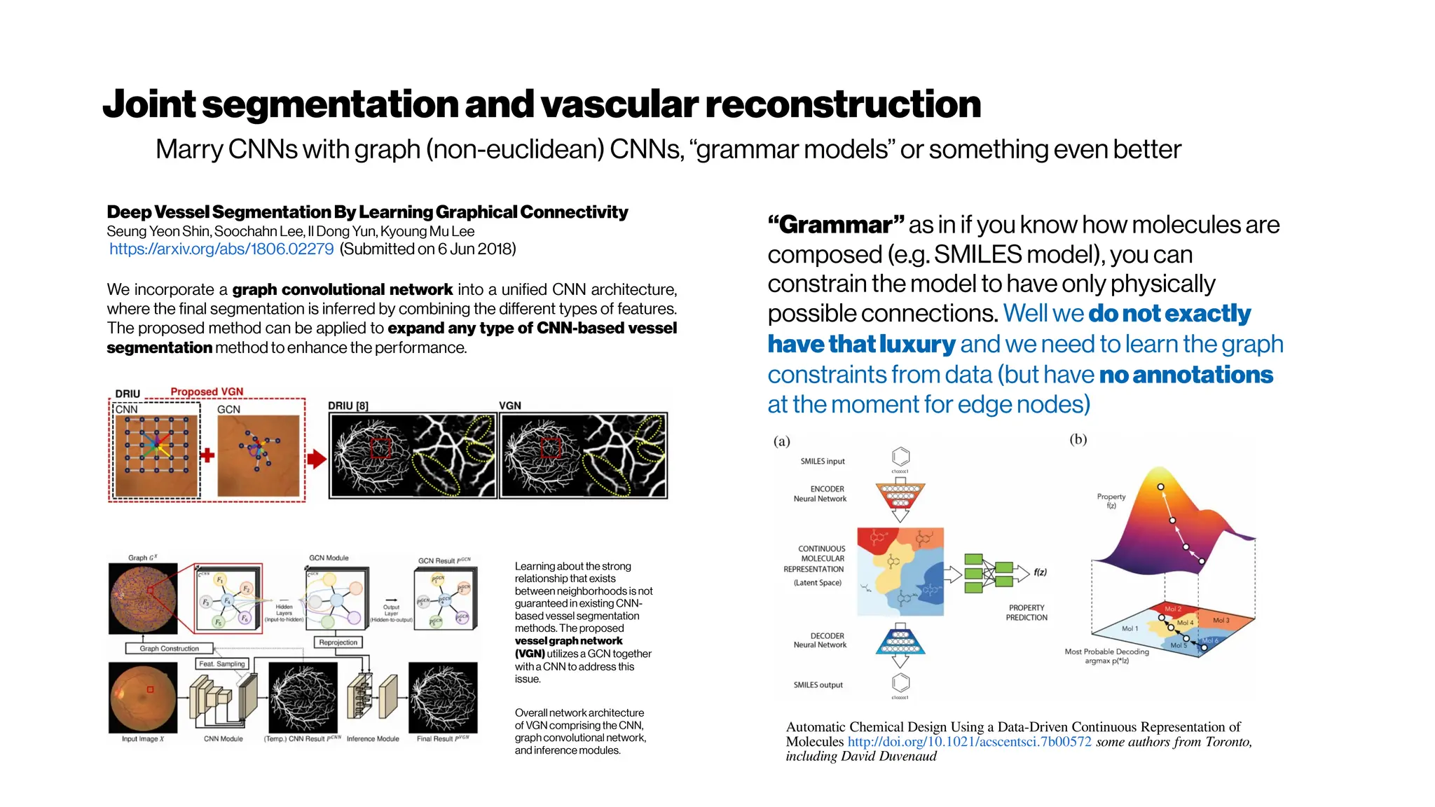 Jointsegmentationandvascular reconstruction
Marry CNNs with graph (non-euclidean) CNNs, “grammar models” or something even better
DeepVesselSegmentationByLearningGraphicalConnectivity
Seung Yeon Shin, Soochahn Lee, Il Dong Yun, Kyoung Mu Lee
https://arxiv.org/abs/1806.02279 (Submitted on 6 Jun 2018)
We incorporate a graph convolutional network into a unified CNN architecture,
where the final segmentation is inferred by combining the different types of features.
The proposed method can be applied to expand any type of CNN-based vessel
segmentation methodtoenhance the performance.
Learning about the strong
relationship that exists
between neighborhoods is not
guaranteed in existing CNN-
based vessel segmentation
methods.The proposed
vesselgraph network
(VGN) utilizes a GCN together
with a CNN to address this
issue.
Overall networkarchitecture
of VGN comprising the CNN,
graph convolutional network,
and inference modules.
“Grammar” as in if you know how molecules are
composed (e.g. SMILES model), you can
constrain the model to have only physically
possible connections. Well we donotexactly
havethatluxury and we need to learn the graph
constraints from data (but have noannotations
at the moment for edge nodes)
Automatic Chemical Design Using a Data-Driven Continuous Representation of
Molecules http://doi.org/10.1021/acscentsci.7b00572 some authors from Toronto,
including David Duvenaud
 