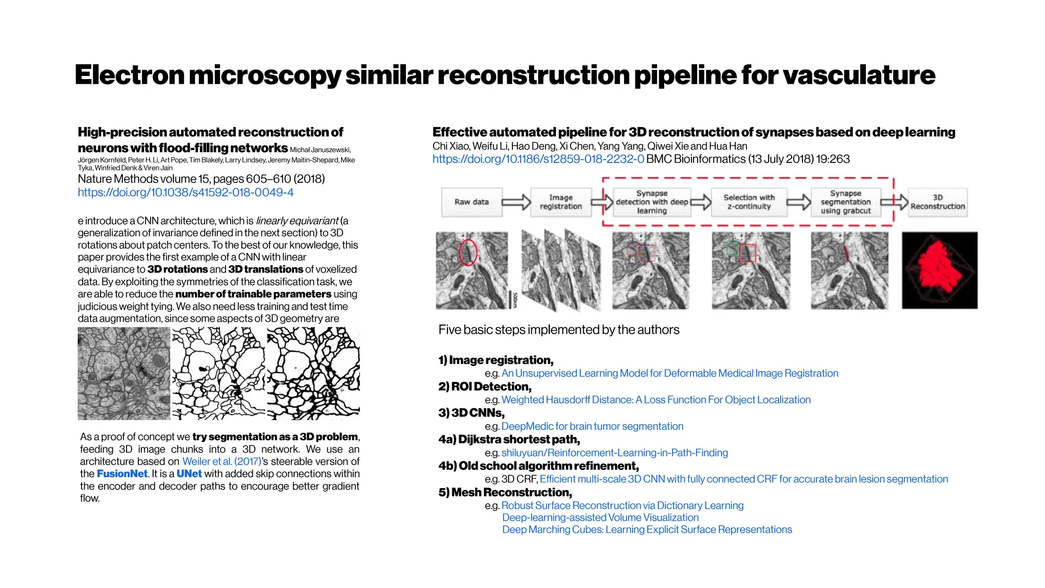 Electronmicroscopy similarreconstructionpipeline forvasculature
High-precisionautomatedreconstructionof
neuronswithflood-fillingnetworksMichałJanuszewski,
Jörgen Kornfeld,PeterH. Li,Art Pope,Tim Blakely,Larry Lindsey,Jeremy Maitin-Shepard,Mike
Tyka,Winfried Denk & Viren Jain
Nature Methods volume 15, pages 605–610 (2018)
https://doi.org/10.1038/s41592-018-0049-4
e introduce a CNN architecture, which is linearly equivariant (a
generalization of invariance defined in the next section) to 3D
rotations about patch centers. To the best of our knowledge, this
paper provides the first example of a CNN with linear
equivariance to 3Drotations and 3Dtranslations of voxelized
data. By exploiting the symmetries of the classification task, we
are able to reduce the numberof trainable parameters using
judicious weight tying. We also need less training and test time
data augmentation, since some aspects of 3D geometry are
already ‘hard-baked’ into the network.
As a proof of concept we try segmentation as a 3D problem,
feeding 3D image chunks into a 3D network. We use an
architecture based on Weiler et al. (2017)’s steerable version of
the FusionNet. It is a UNet with added skip connections within
the encoder and decoder paths to encourage better gradient
flow.
Effectiveautomatedpipelinefor3Dreconstructionofsynapsesbasedondeeplearning
Chi Xiao, Weifu Li, Hao Deng, Xi Chen, Yang Yang, Qiwei Xie and Hua Han
https://doi.org/10.1186/s12859-018-2232-0BMC Bioinformatics (13 July 2018) 19:263
Five basic steps implemented bythe authors
1) Imageregistration,
e.g. An Unsupervised Learning Model for Deformable Medical Image Registration
2)ROIDetection,
e.g. Weighted Hausdorff Distance: A Loss Function For Object Localization
3)3DCNNs,
e.g. DeepMedic for brain tumor segmentation
4a)Dijkstra shortestpath,
e.g. shiluyuan/Reinforcement-Learning-in-Path-Finding
4b)Oldschoolalgorithm refinement,
e.g. 3D CRF, Efficient multi-scale 3D CNN with fully connected CRF for accurate brain lesion segmentation
5)MeshReconstruction,
e.g. Robust Surface Reconstruction via Dictionary Learning
Deep-learning-assisted Volume Visualization
Deep Marching Cubes: Learning Explicit Surface Representations
 