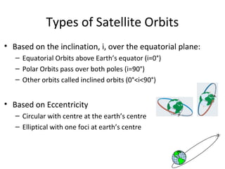 Types of Satellite Orbits
• Based on the inclination, i, over the equatorial plane:
   – Equatorial Orbits above Earth’s equator (i=0°)
   – Polar Orbits pass over both poles (i=90°)
   – Other orbits called inclined orbits (0°<i<90°)


• Based on Eccentricity
   – Circular with centre at the earth’s centre
   – Elliptical with one foci at earth’s centre
 