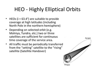 HEO - Highly Elliptical Orbits
• HEOs (i = 63.4°) are suitable to provide
  coverage at high latitudes (including
  North Pole in the northern hemisphere)
• Depending on selected orbit (e.g.
  Molniya, Tundra, etc.) two or three
  satellites are sufficient for continuous
  time coverage of the service area.
• All traffic must be periodically transferred
  from the “setting” satellite to the “rising”
  satellite (Satellite Handover)
 