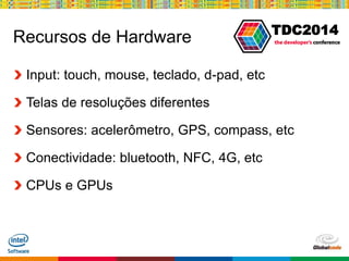 Globalcode – Open4education
TDC2014
Recursos de Hardware
Input: touch, mouse, teclado, d-pad, etc
Telas de resoluções diferentes
Sensores: acelerômetro, GPS, compass, etc
Conectividade: bluetooth, NFC, 4G, etc
CPUs e GPUs
 