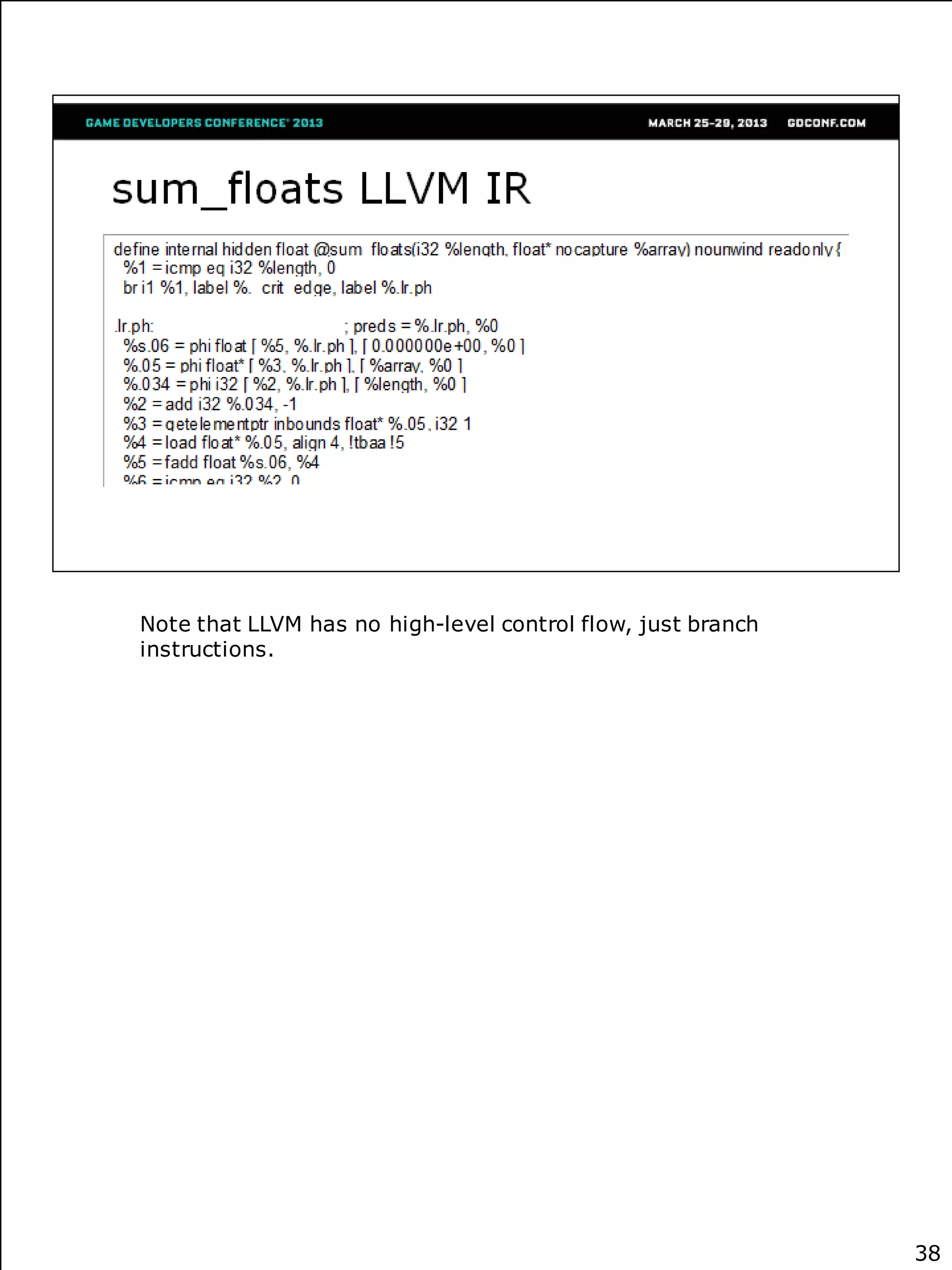 Note that LLVM has no high-level control flow, just branch
instructions.




                                                             38
 