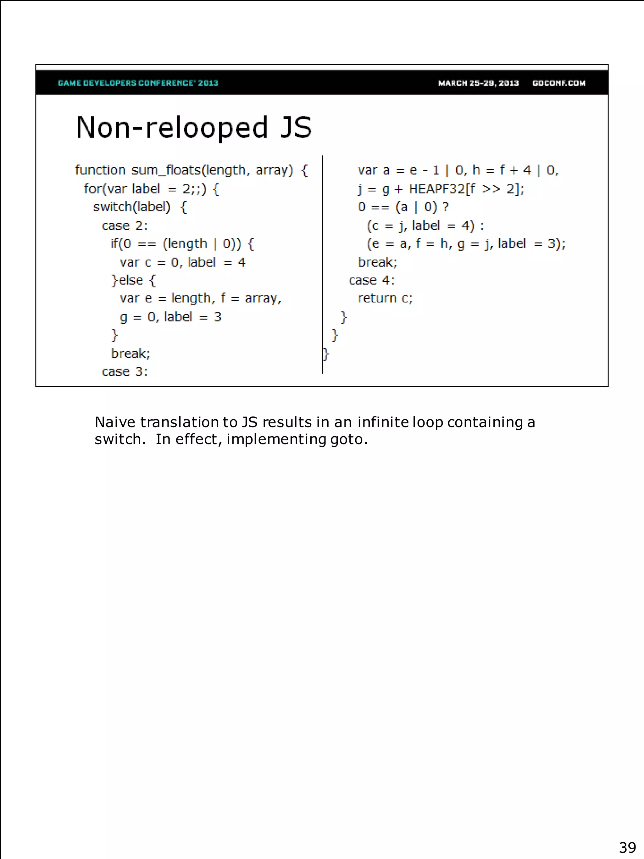 Naive translation to JS results in an infinite loop containing a
switch. In effect, implementing goto.




                                                                   39
 