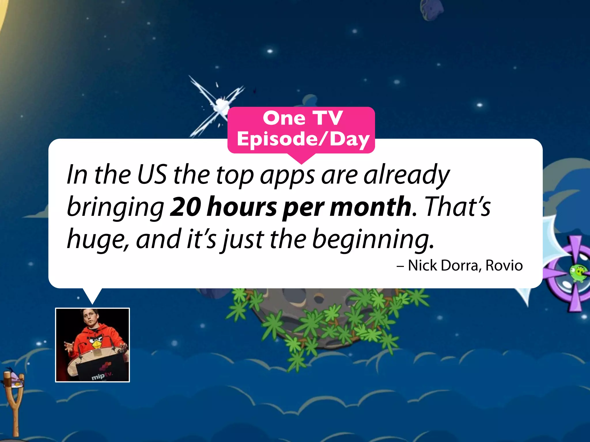 One TV
Episode/Day

In the US the top apps are already
bringing 20 hours per month. That’s
huge, and it’s just the beginning.
– Nick Dorra, Rovio

 