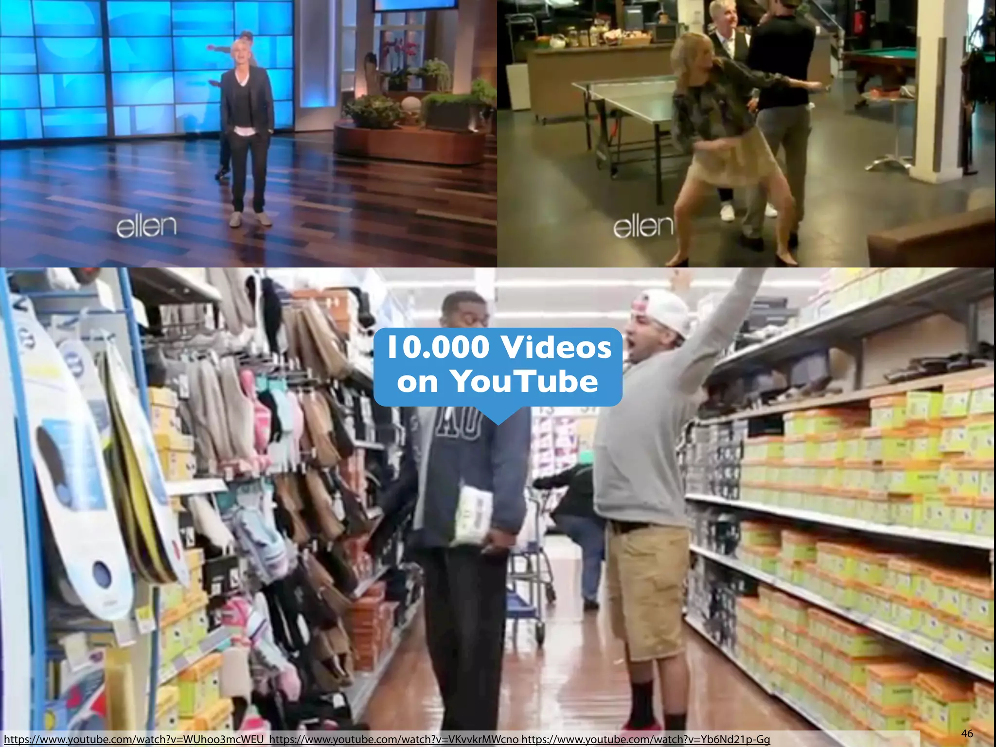 10.000 Videos
on YouTube

https://www.youtube.com/watch?v=WUhoo3mcWEU https://www.youtube.com/watch?v=VKvvkrMWcno https://www.youtube.com/watch?v=Yb6Nd21p-Gg

46

 