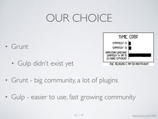 OUR CHOICE 
• Grunt 
• Gulp didn’t exist yet 
• Grunt - big community, a lot of plugins 
• Gulp - easier to use, fast grow...
