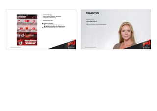 THANK YOU
                                        • community app
                                        • login required (optional: facebook)
                                        • integrated radiostreams
                                                                                       Caroline Grazé
                                        • demographic data
                                                                                       c.graze@energy.de
                                         Audience targeting
                                                                                       http://de.linkedin.com/in/carolinegraze
                                           relevant information for your brand
                                           relevant information for programming
                                         relevant information for your customers




Autor: Caroline Grazé, Radio NRJ GmbH                                               Autor: Caroline Grazé, Radio NRJ GmbH
 