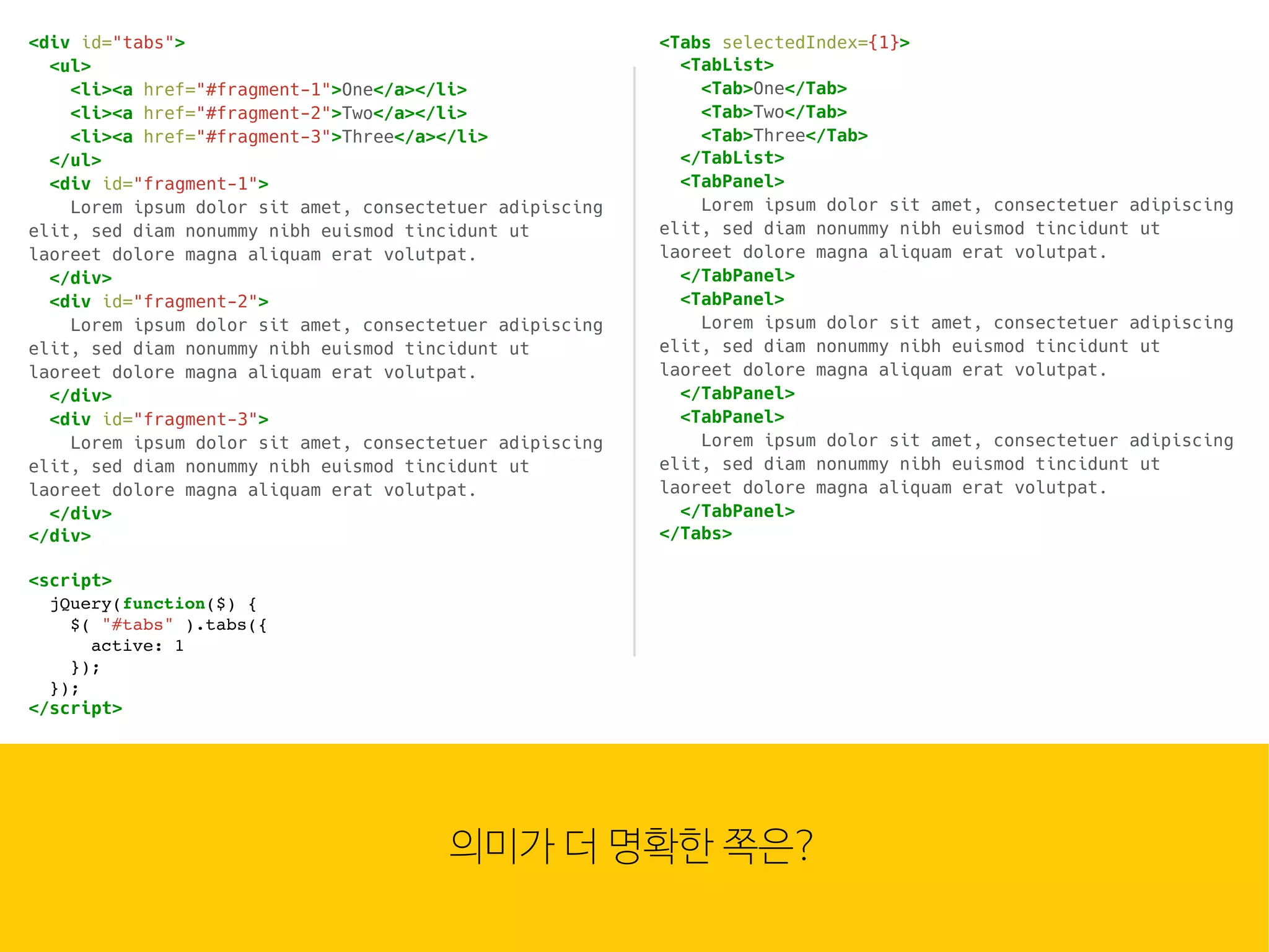 웹은 이
많은 컴
조합입
HTML
<div id="tabs">
<ul>
<li><a href="#fragment-1">One</a></li>
<li><a href="#fragment-2">Two</a></li>
<li><a href="#fragment-3">Three</a></li>
</ul>
<div id="fragment-1">
Lorem ipsum dolor sit amet, consectetuer adipiscing
elit, sed diam nonummy nibh euismod tincidunt ut
laoreet dolore magna aliquam erat volutpat.
</div>
<div id="fragment-2">
Lorem ipsum dolor sit amet, consectetuer adipiscing
elit, sed diam nonummy nibh euismod tincidunt ut
laoreet dolore magna aliquam erat volutpat.
</div>
<div id="fragment-3">
Lorem ipsum dolor sit amet, consectetuer adipiscing
elit, sed diam nonummy nibh euismod tincidunt ut
laoreet dolore magna aliquam erat volutpat.
</div>
</div>
<script>
jQuery(function($) {
$( "#tabs" ).tabs({
active: 1
});
});
</script>
의미가 더 명확한 쪽은?
<Tabs selectedIndex={1}>
<TabList>
<Tab>One</Tab>
<Tab>Two</Tab>
<Tab>Three</Tab>
</TabList>
<TabPanel>
Lorem ipsum dolor sit amet, consectetuer adipiscing
elit, sed diam nonummy nibh euismod tincidunt ut
laoreet dolore magna aliquam erat volutpat.
</TabPanel>
<TabPanel>
Lorem ipsum dolor sit amet, consectetuer adipiscing
elit, sed diam nonummy nibh euismod tincidunt ut
laoreet dolore magna aliquam erat volutpat.
</TabPanel>
<TabPanel>
Lorem ipsum dolor sit amet, consectetuer adipiscing
elit, sed diam nonummy nibh euismod tincidunt ut
laoreet dolore magna aliquam erat volutpat.
</TabPanel>
</Tabs>
 