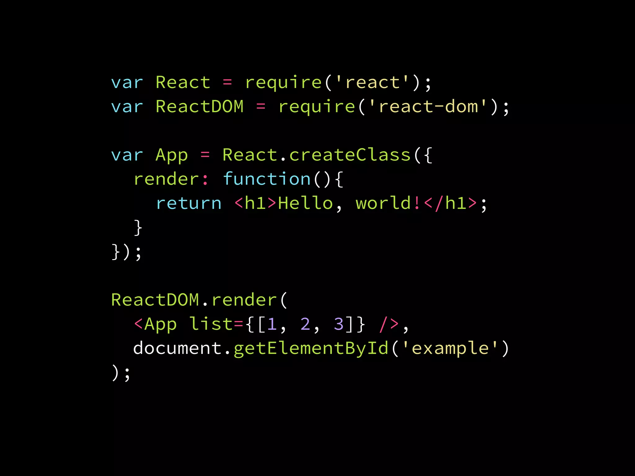 var React = require('react');
var ReactDOM = require('react-dom');
var App = React.createClass({
render: function(){
return <h1>Hello, world!</h1>;
}
});
ReactDOM.render(
  <App list={[1, 2, 3]} />,
  document.getElementById('example')
);
 