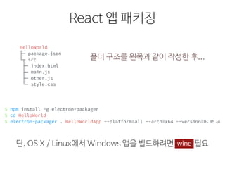 React 앱 패키징
$ npm install -g electron-packager 
$ cd HelloWorld
$ electron-packager . HelloWorldApp --platform=all --arch=x64 --version=0.35.4
HelloWorld
├─ package.json
└┬ src
├─ index.html
├─ main.js
├─ other.js
└─ style.css
폴더 구조를 왼쪽과 같이 작성한 후...
단, OS X / Linux에서 Windows 앱을 빌드하려면 wine 필요wine
 