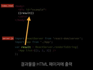 import ReactServer from 'react-dom/server';
결과물을 HTML 페이지에 출력
<body>
<div id="example">
{{result}}
</div>
</body>
var result = ReactServer.renderToString(
  <App list={[1, 2, 3]} />
);
import App from './App';
server.js
index.html
{{result}}
result
 