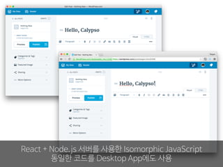 React + Node.js 서버를 사용한 Isomorphic JavaScript
동일한 코드를 Desktop App에도 사용
 